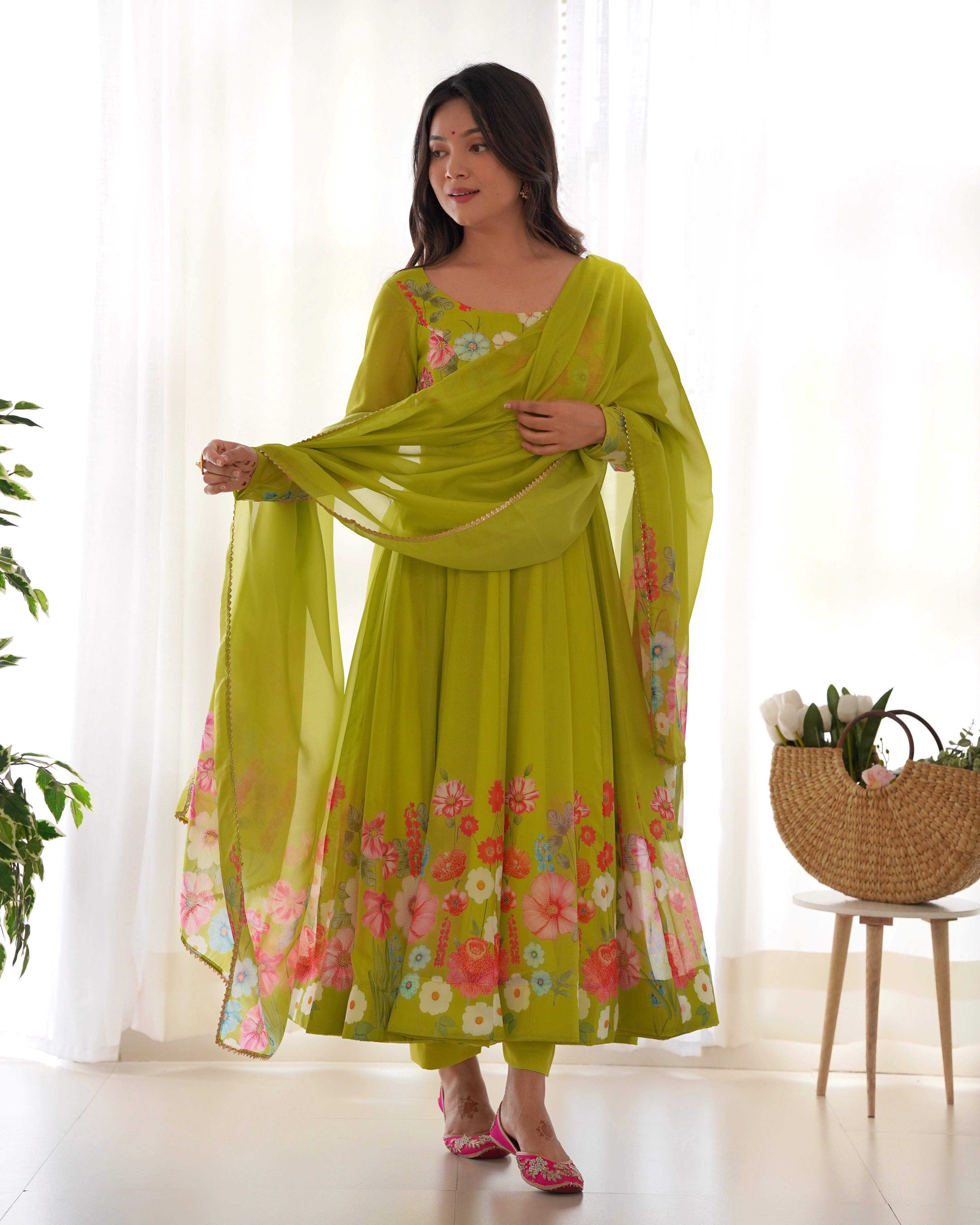 Green Pure soft organza silk fabric fully flair kali pattern Kurta Suit
