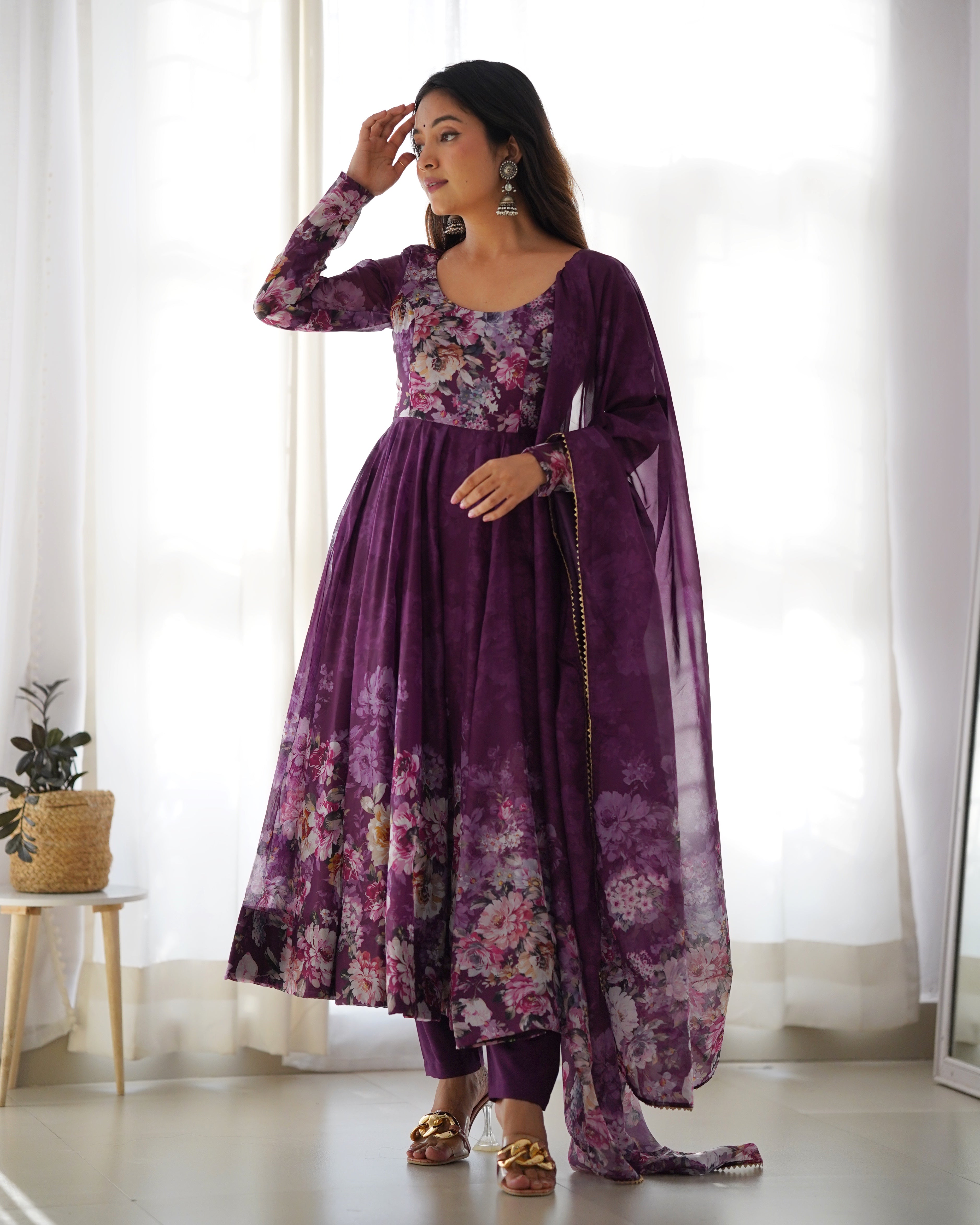 Wine Women Floral Print Anarkali Kurta Set