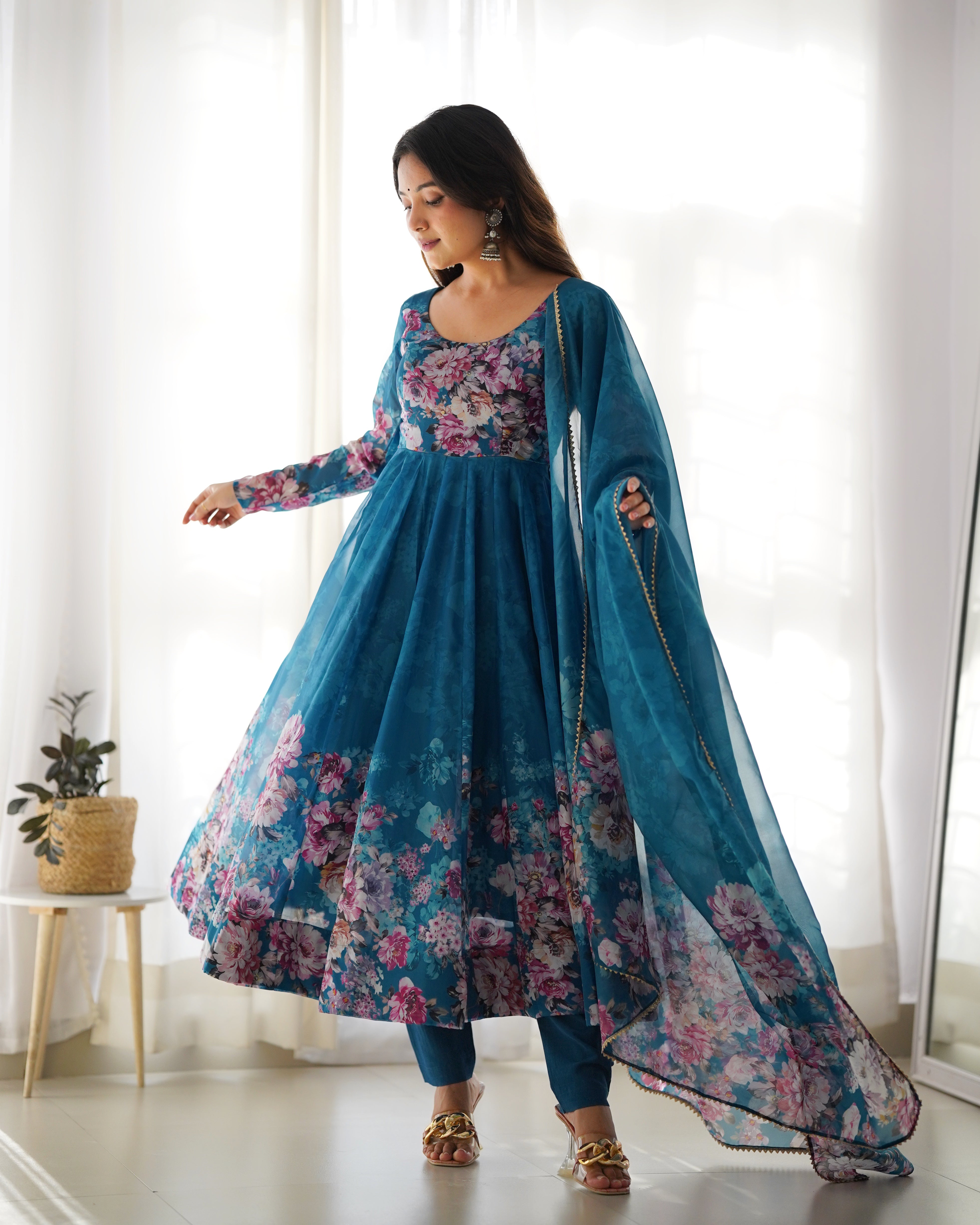 Blue Women Floral Print Anarkali Kurta Set