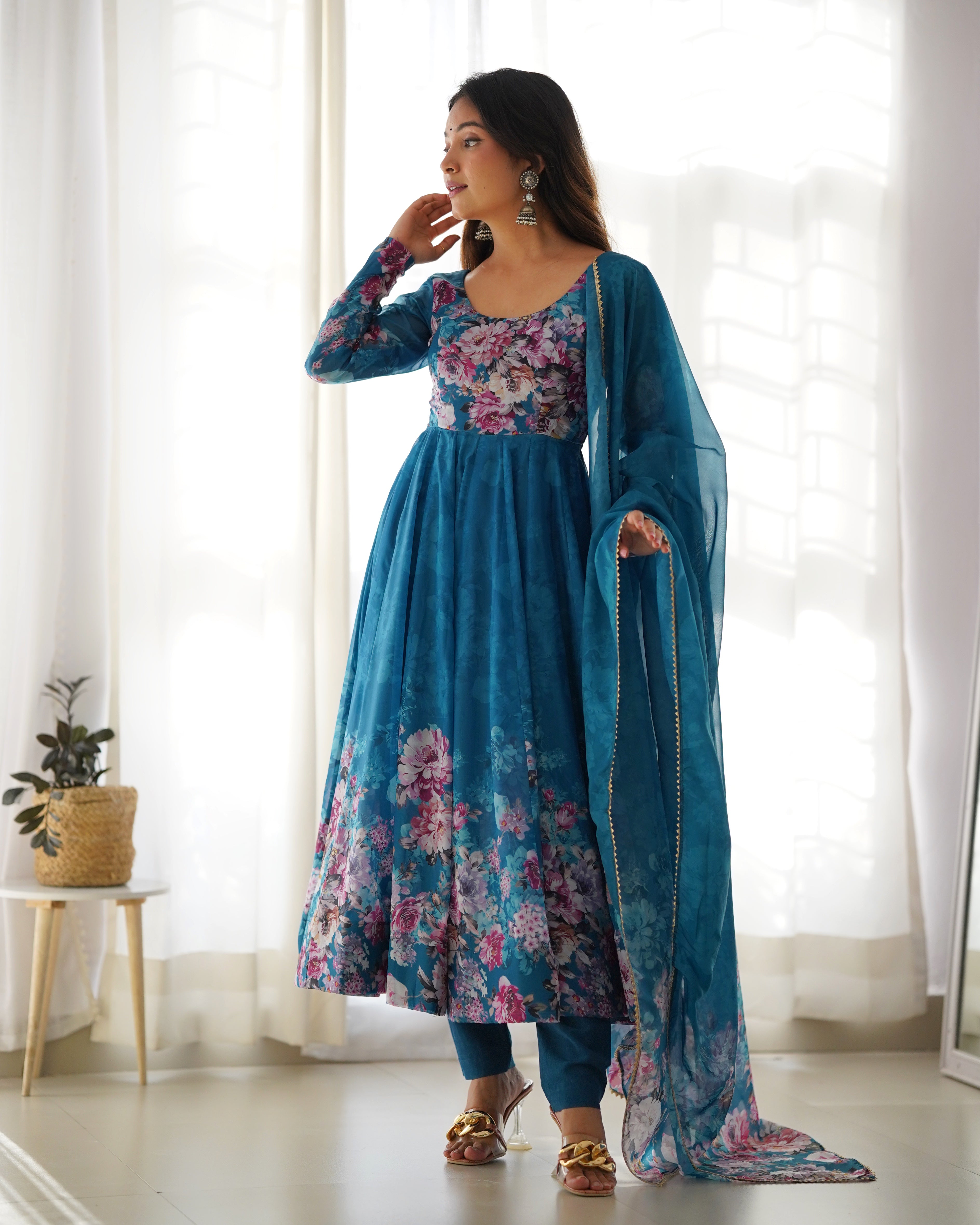 Blue Women Floral Print Anarkali Kurta Set