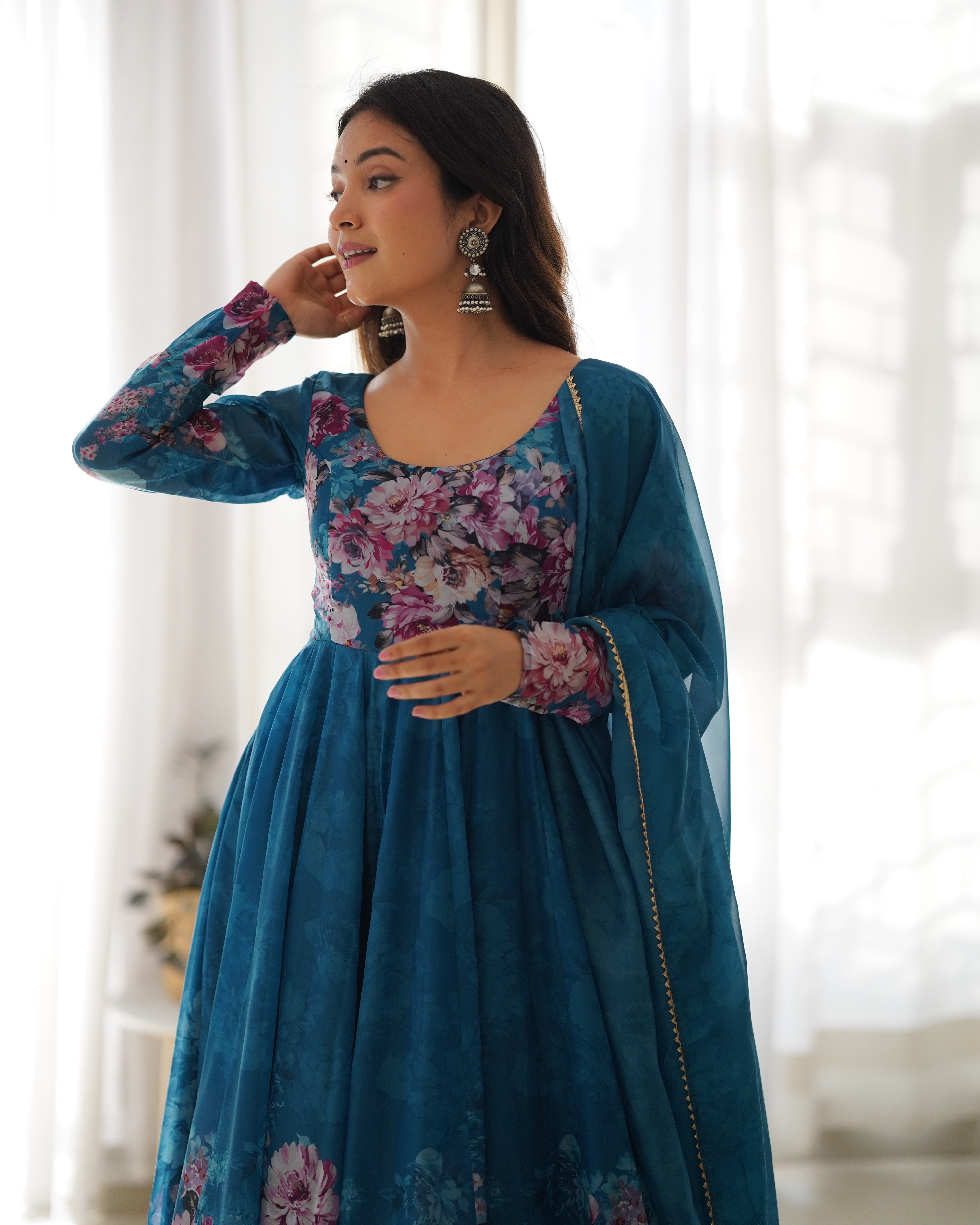 Blue Women Floral Print Anarkali Kurta Set