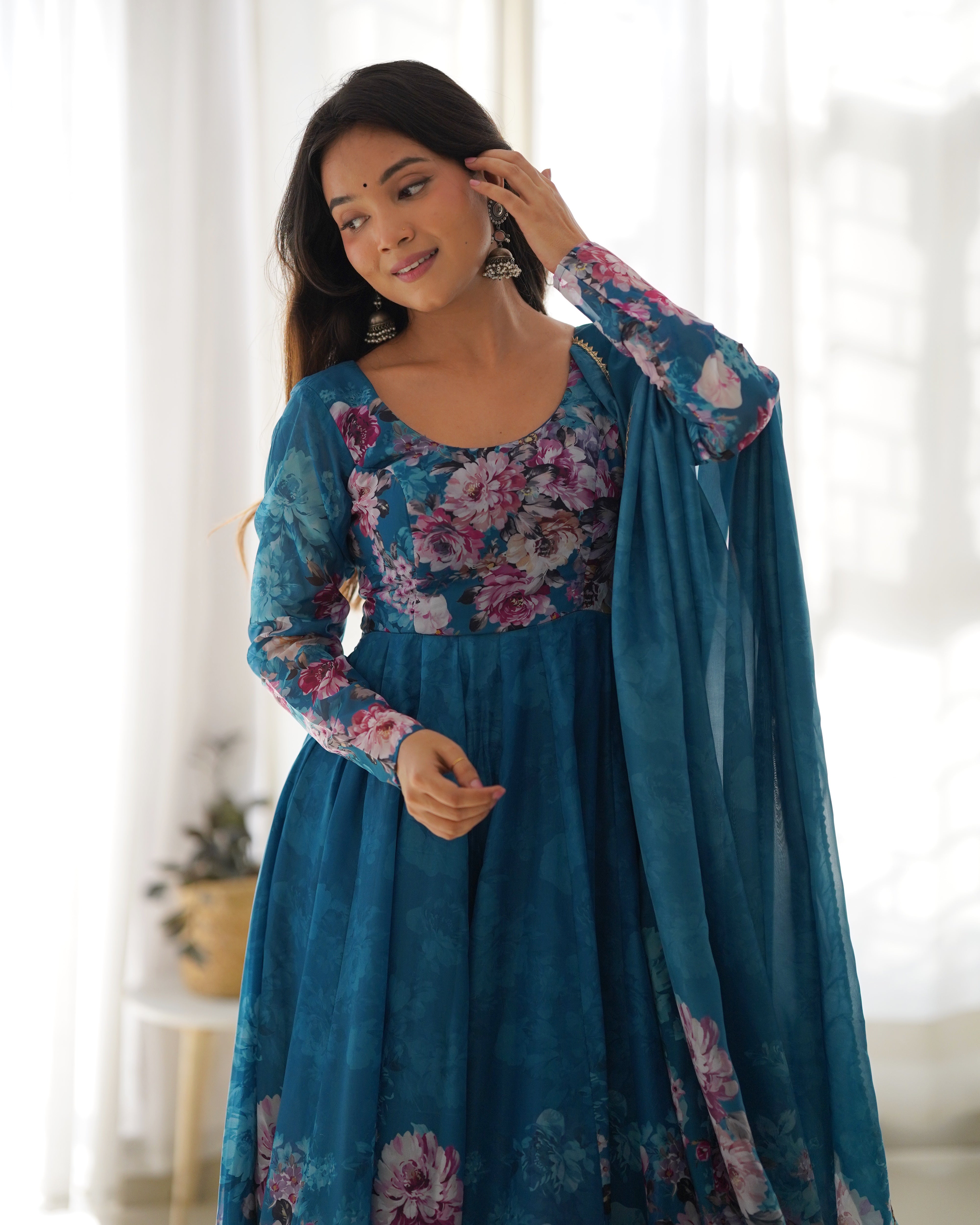 Blue Women Floral Print Anarkali Kurta Set