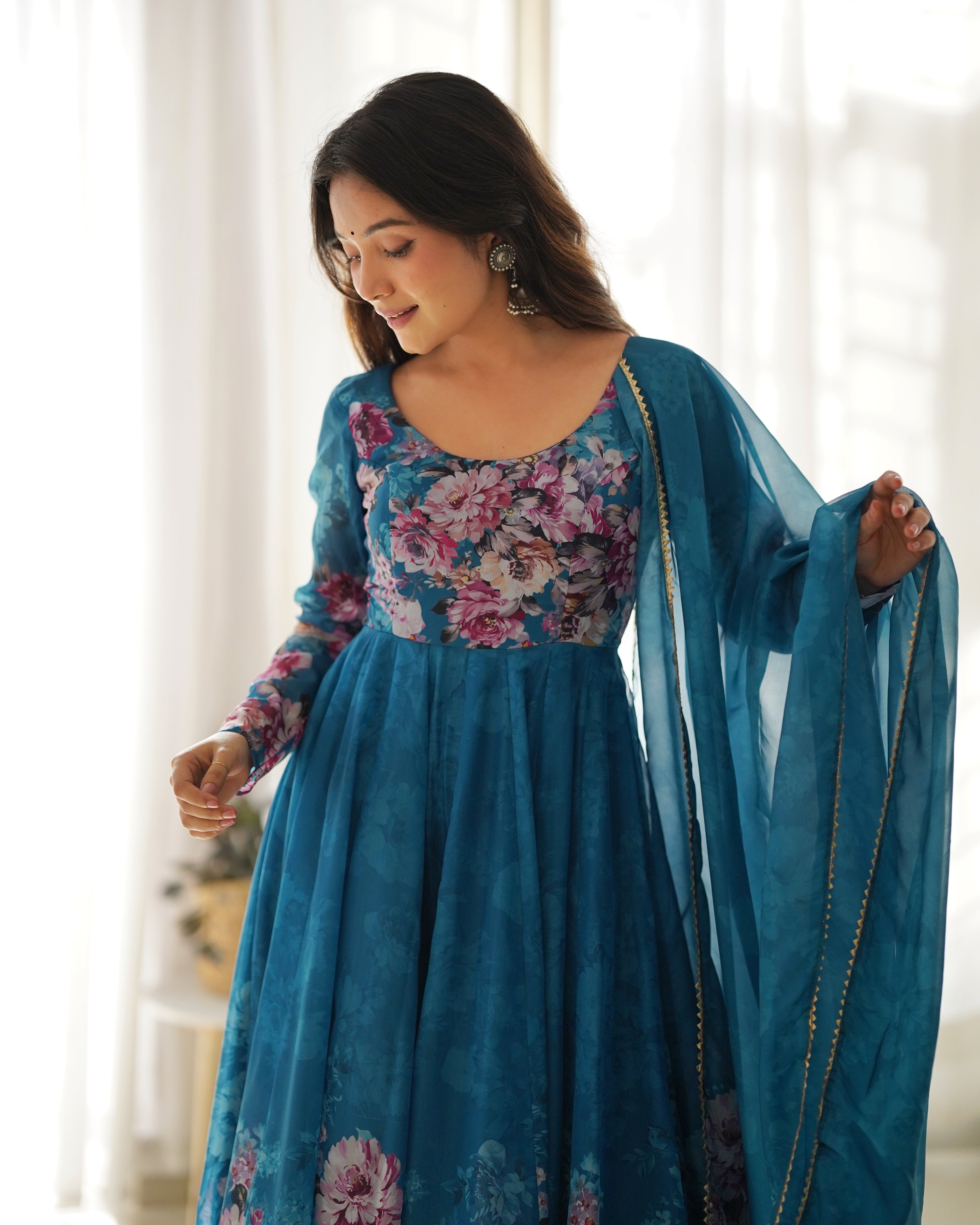 Blue Women Floral Print Anarkali Kurta Set