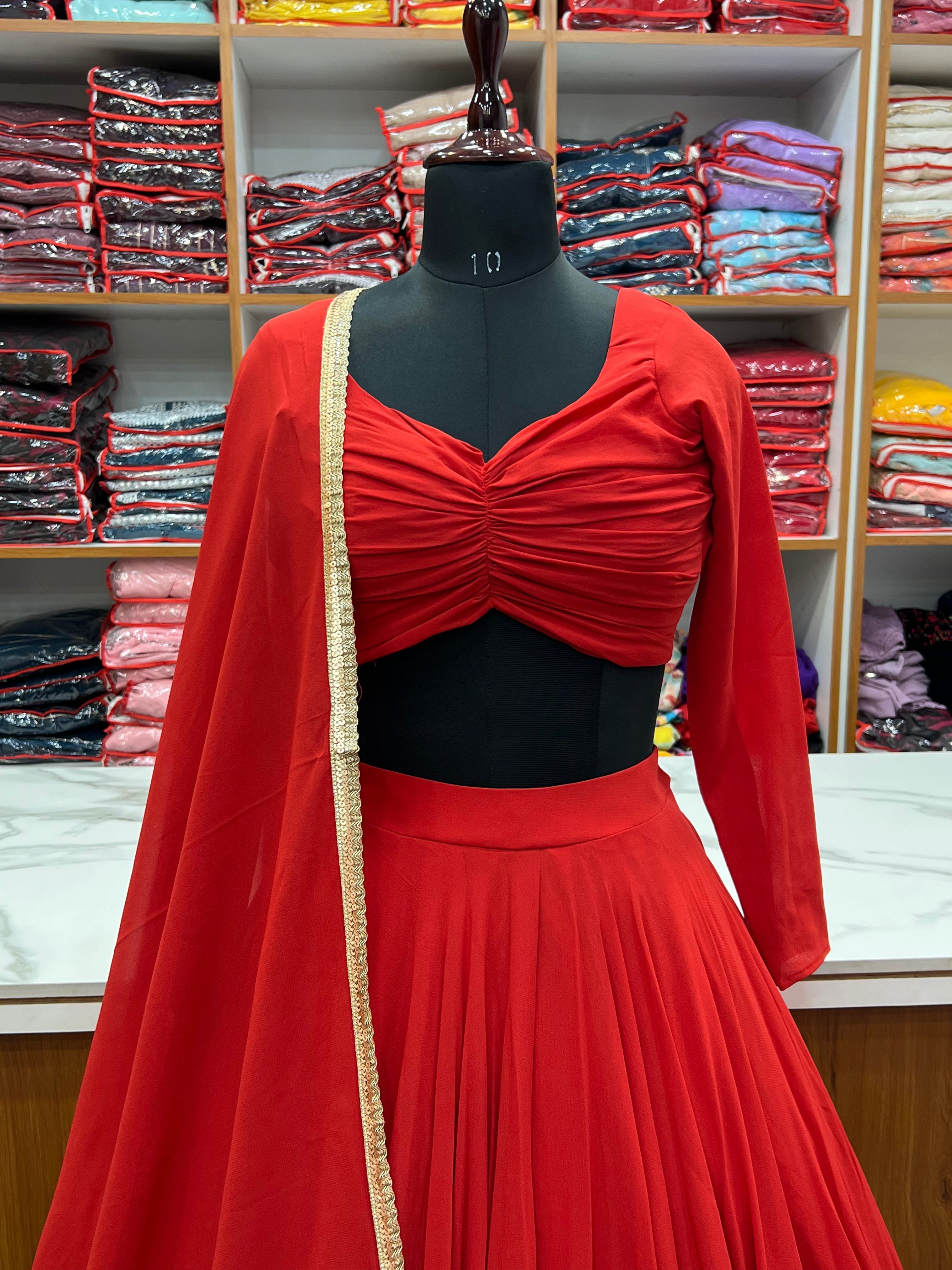 Red plain lehenga set with dupatta