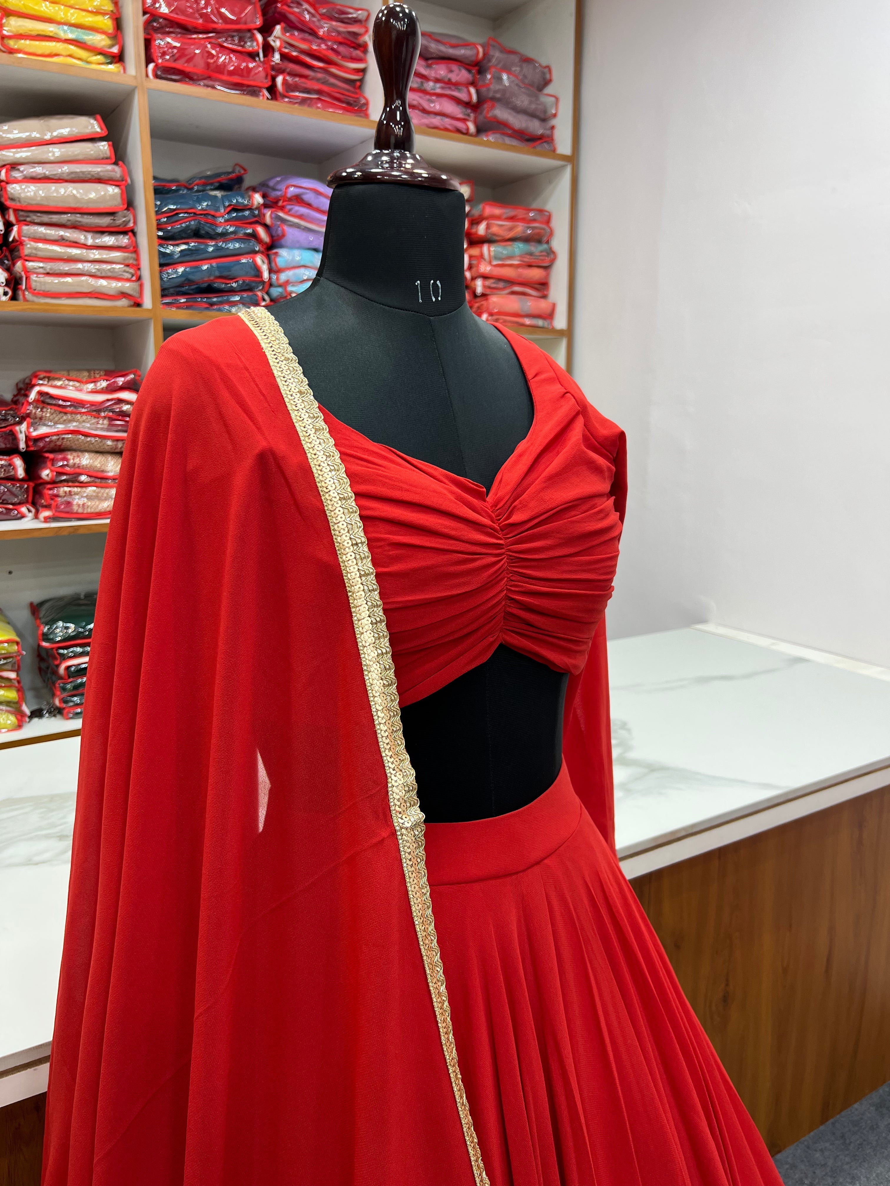 Red plain lehenga set with dupatta