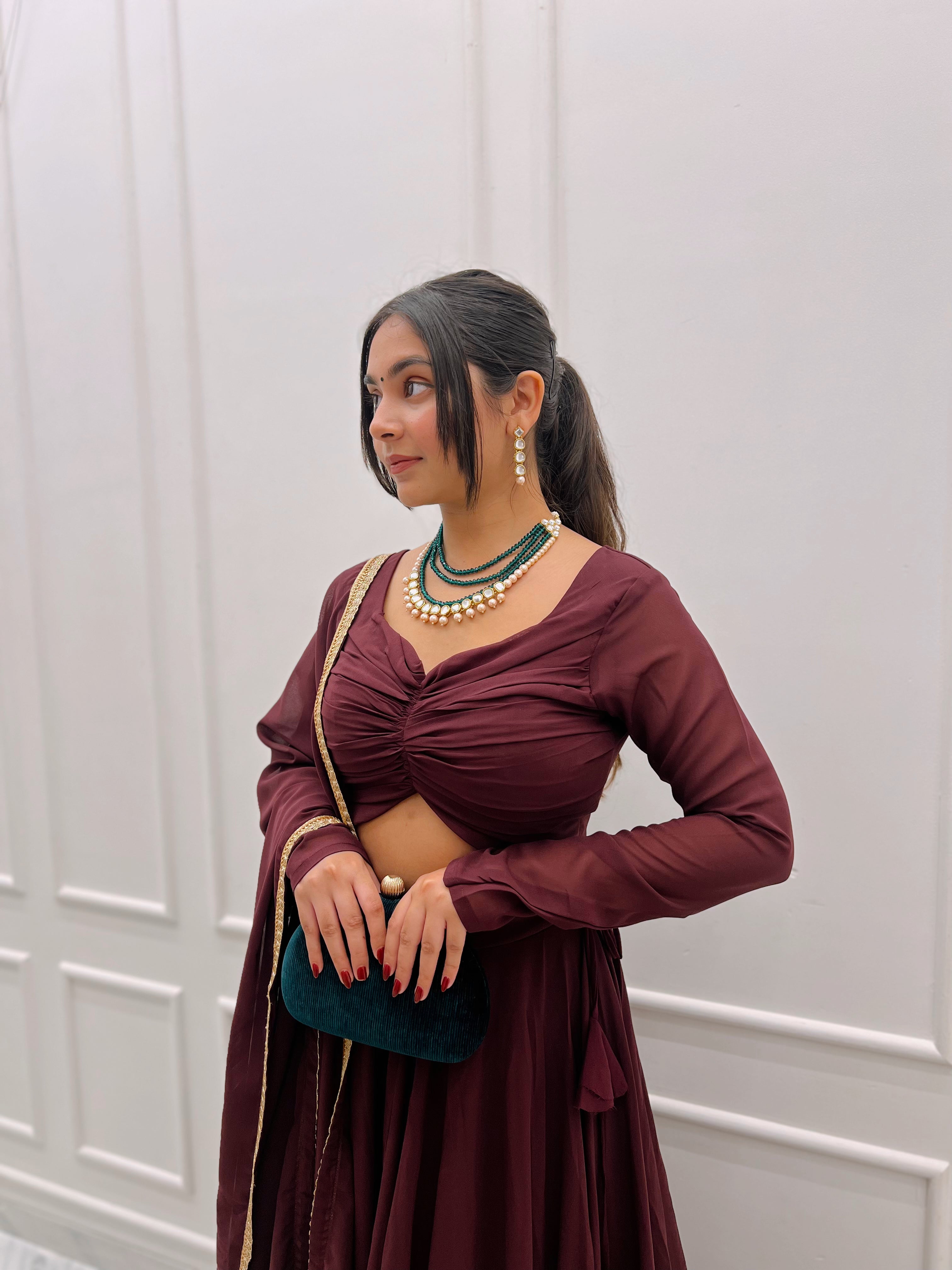 Wine plain lehenga set with dupatta