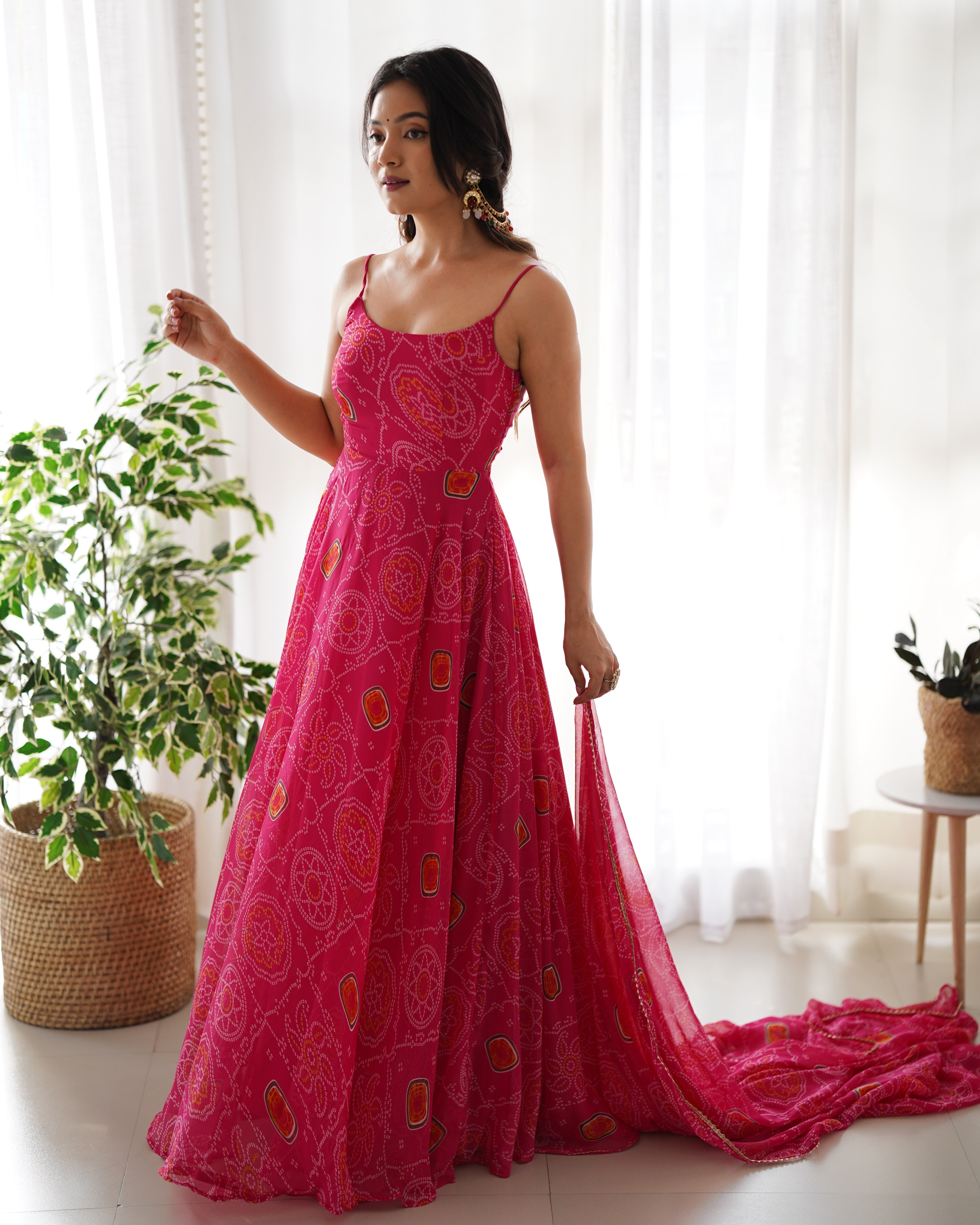Pink Bandhani Printed Chiffon Gown for Festive Occasions