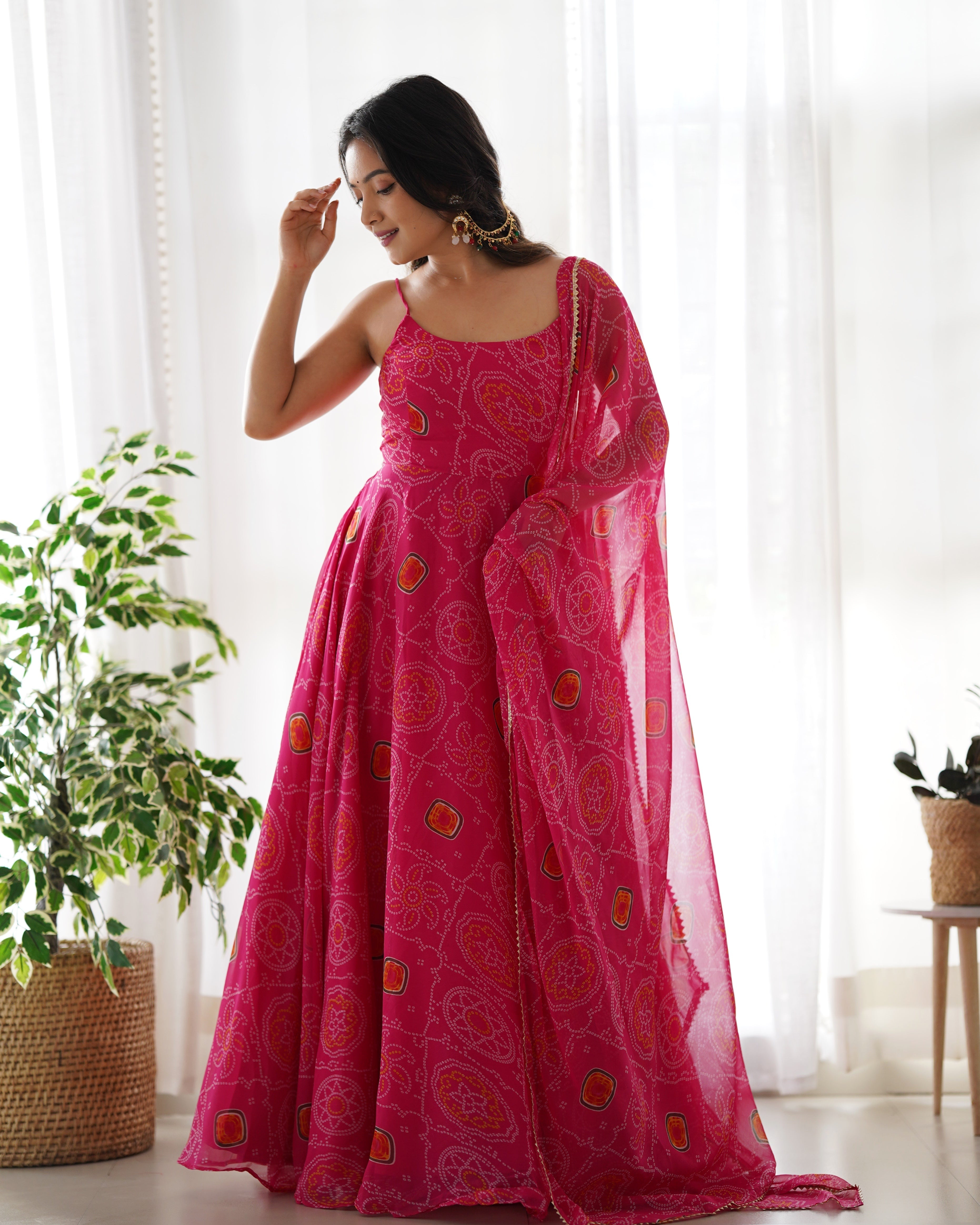 Pink Bandhani Printed Chiffon Gown for Festive Occasions