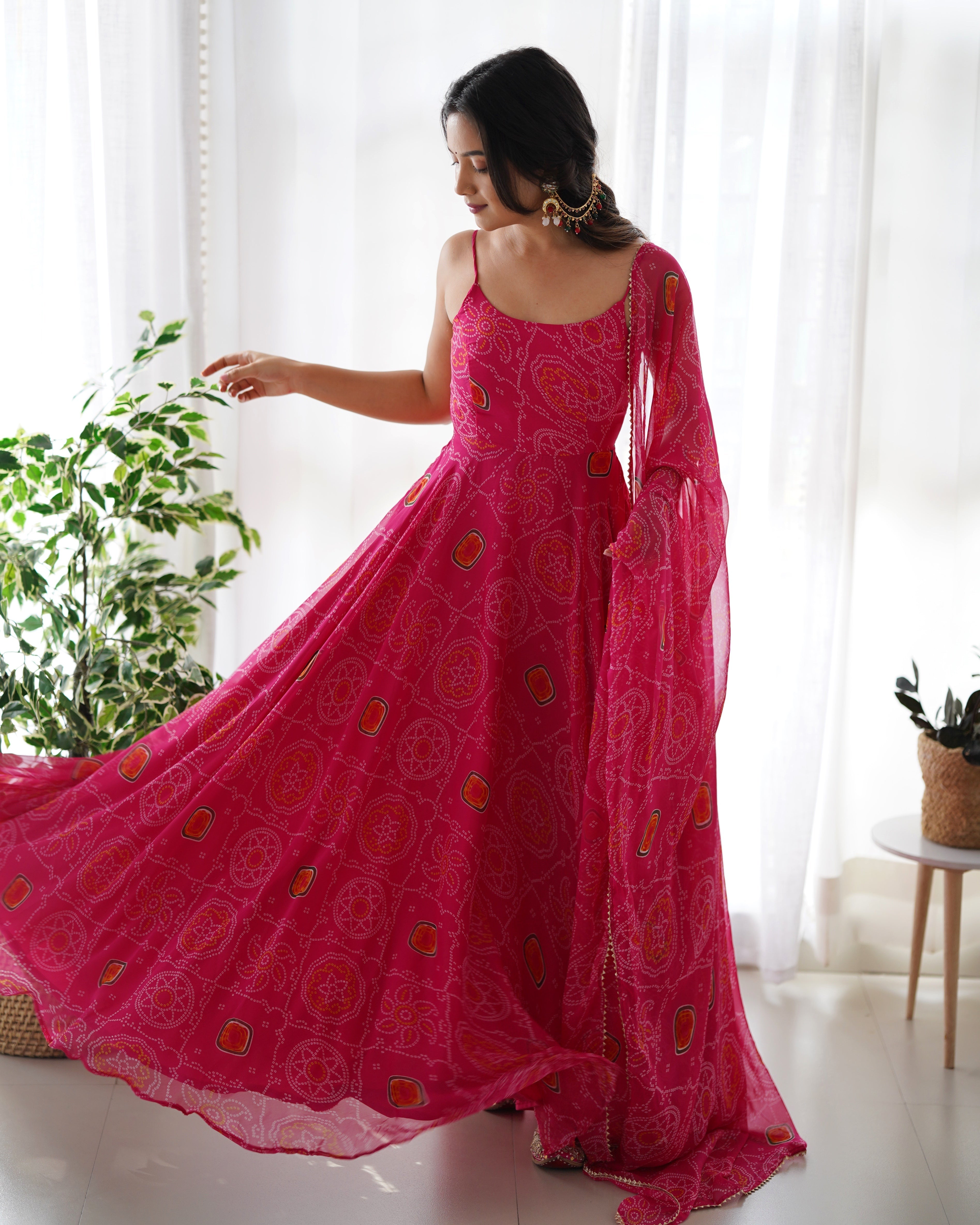 Pink Bandhani Printed Chiffon Gown for Festive Occasions