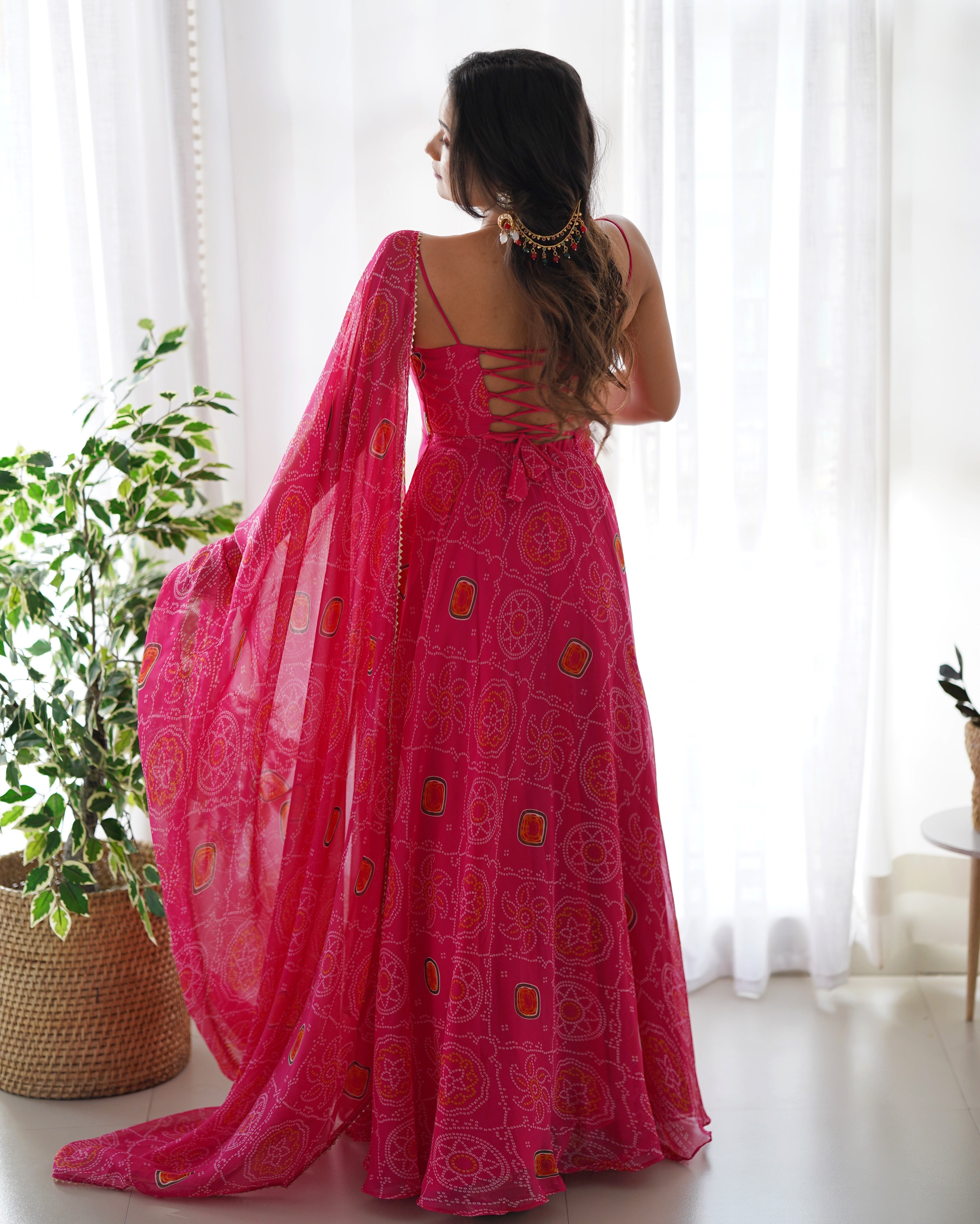 Pink Bandhani Printed Chiffon Gown for Festive Occasions