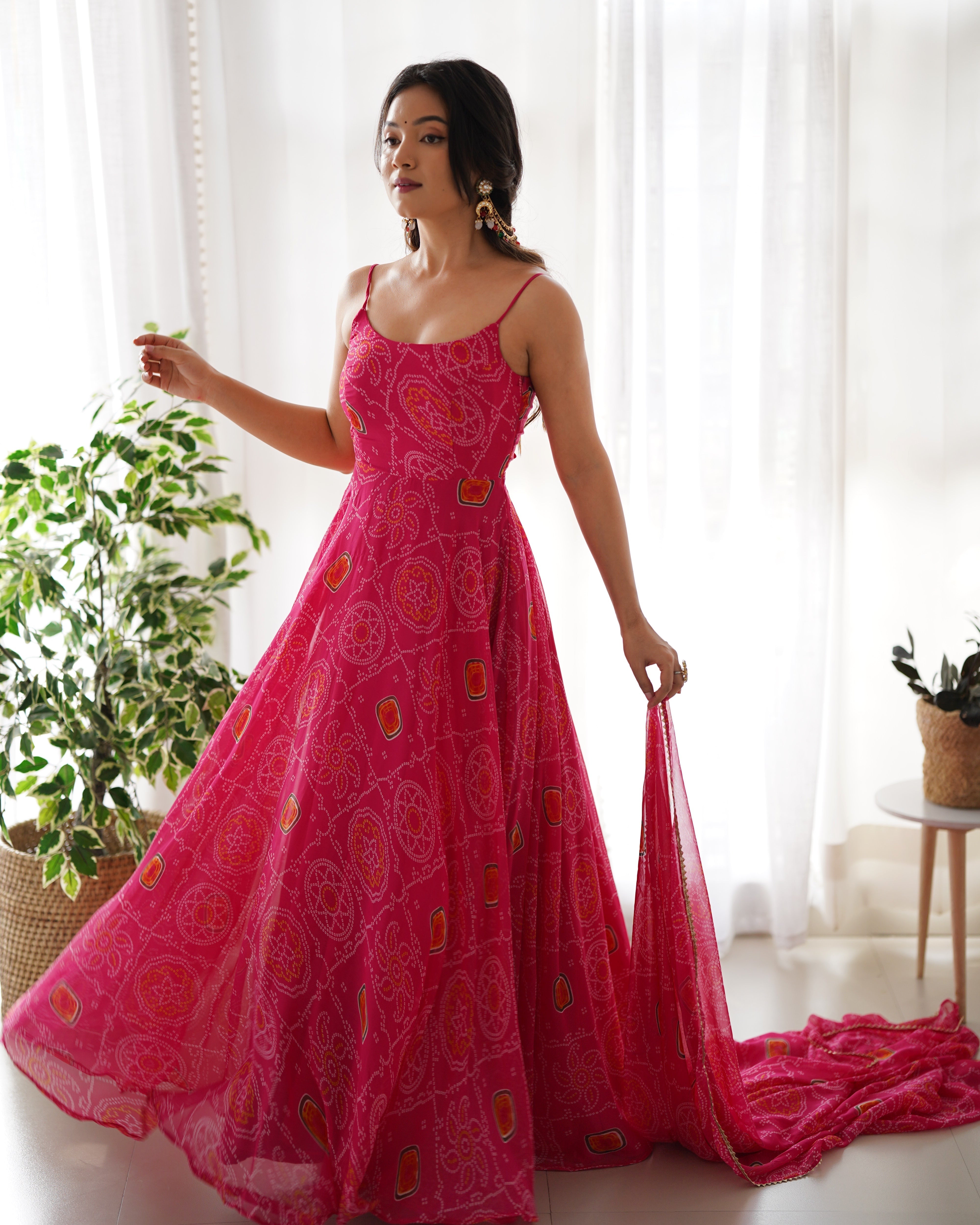 Pink Bandhani Printed Chiffon Gown for Festive Occasions