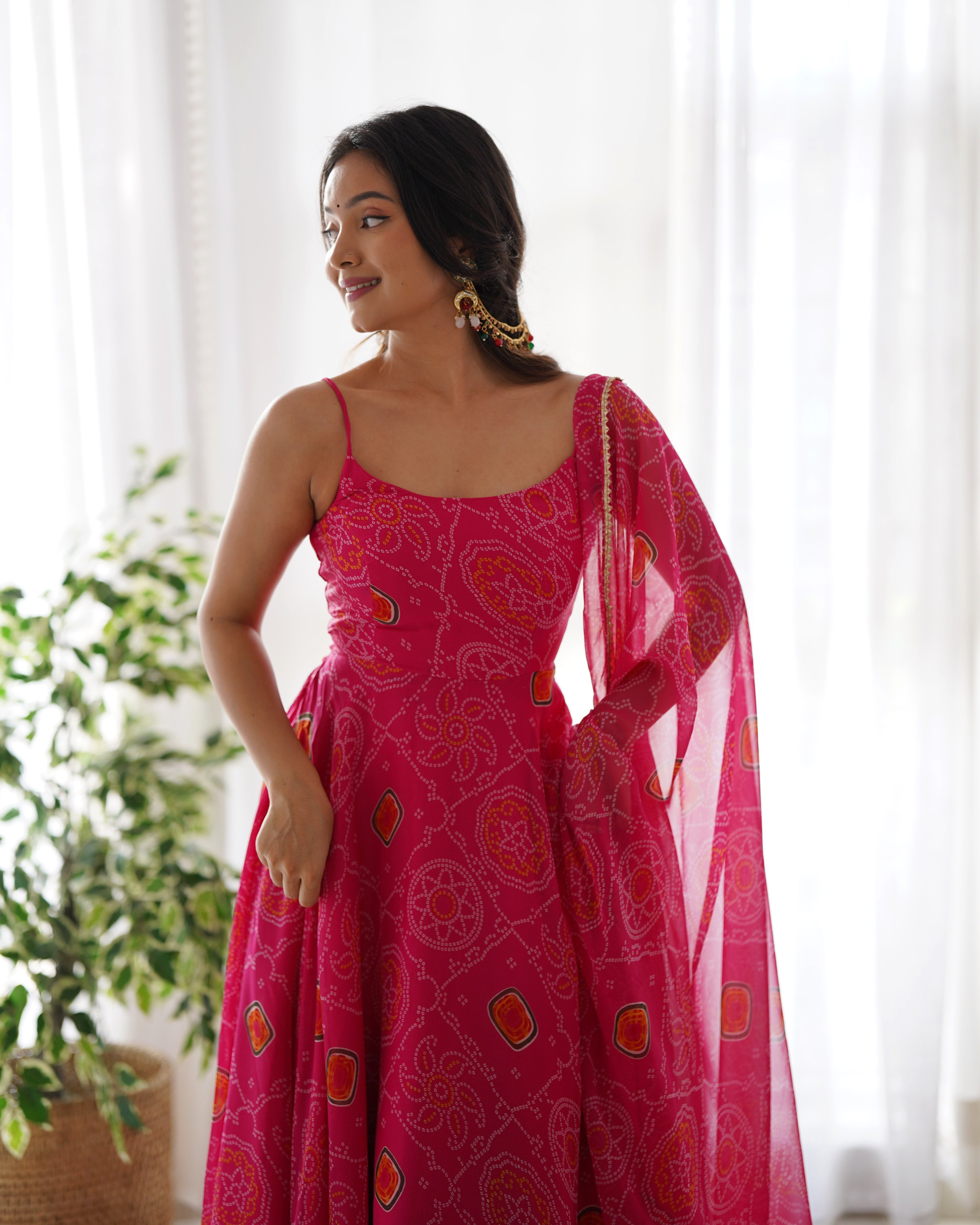 Pink Bandhani Printed Chiffon Gown for Festive Occasions