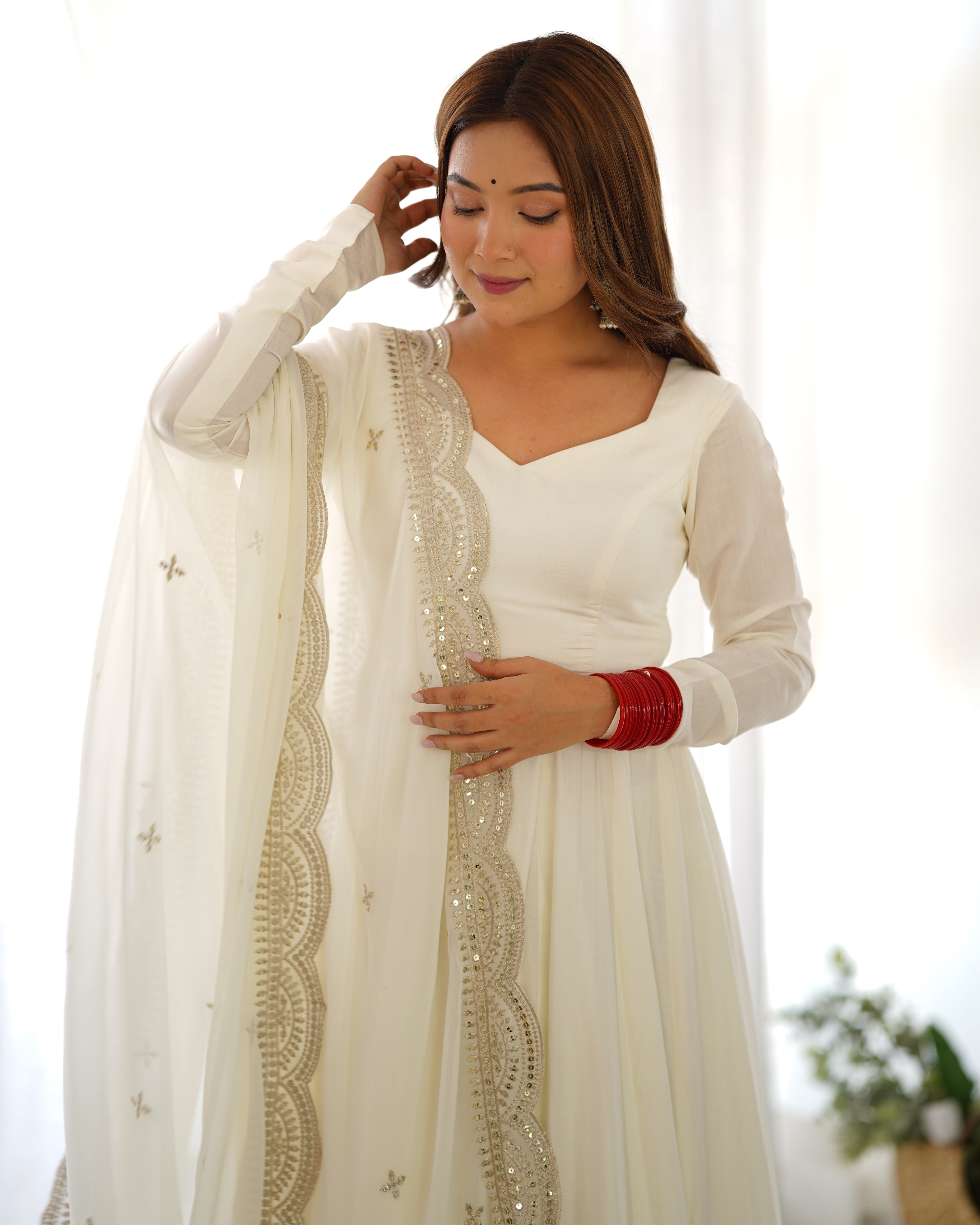 White Roman Silk Chanderi Anarkali with Dupatta & Stitched Pants