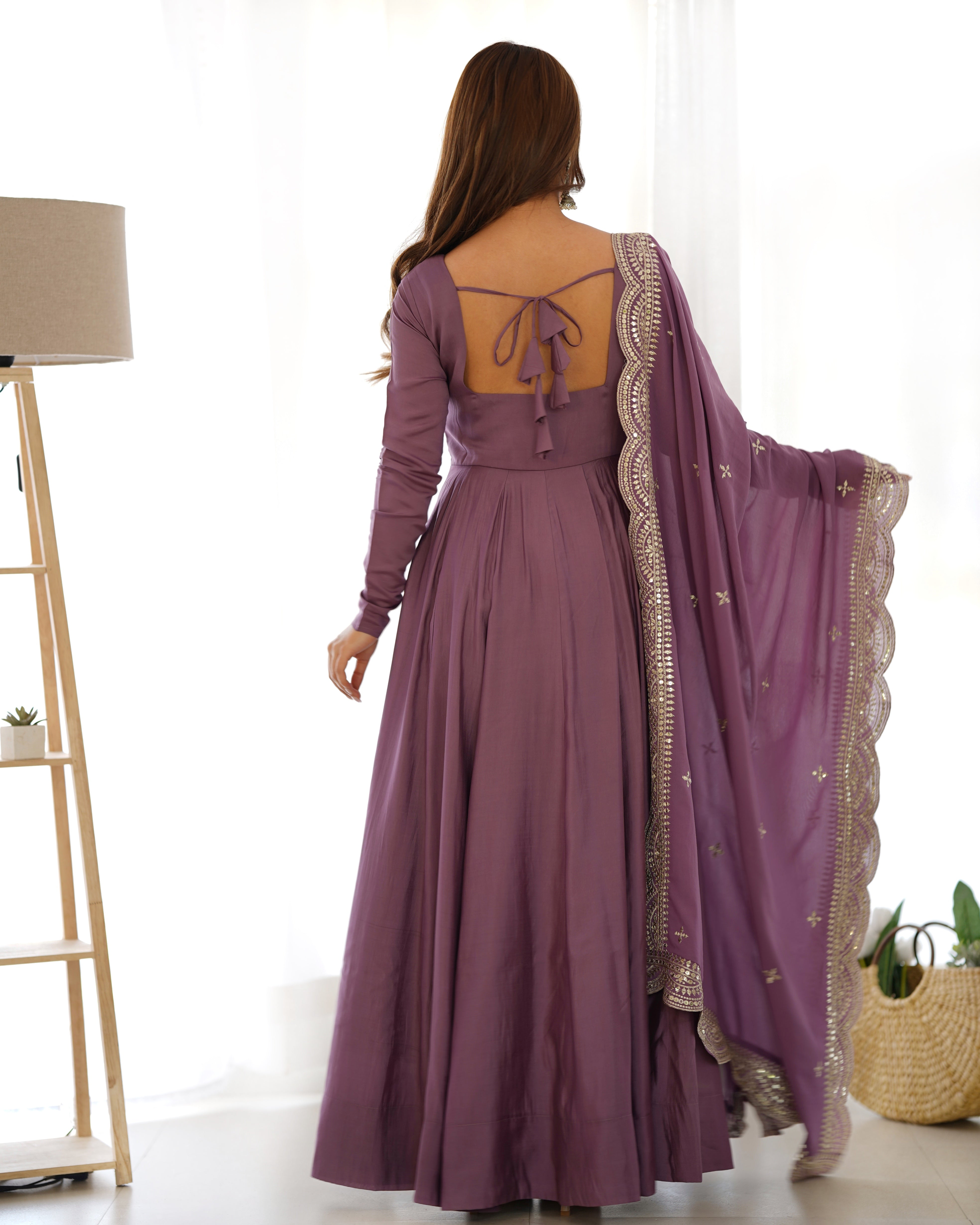 Mauve Roman Silk Chanderi Anarkali with Dupatta & Stitched Pants