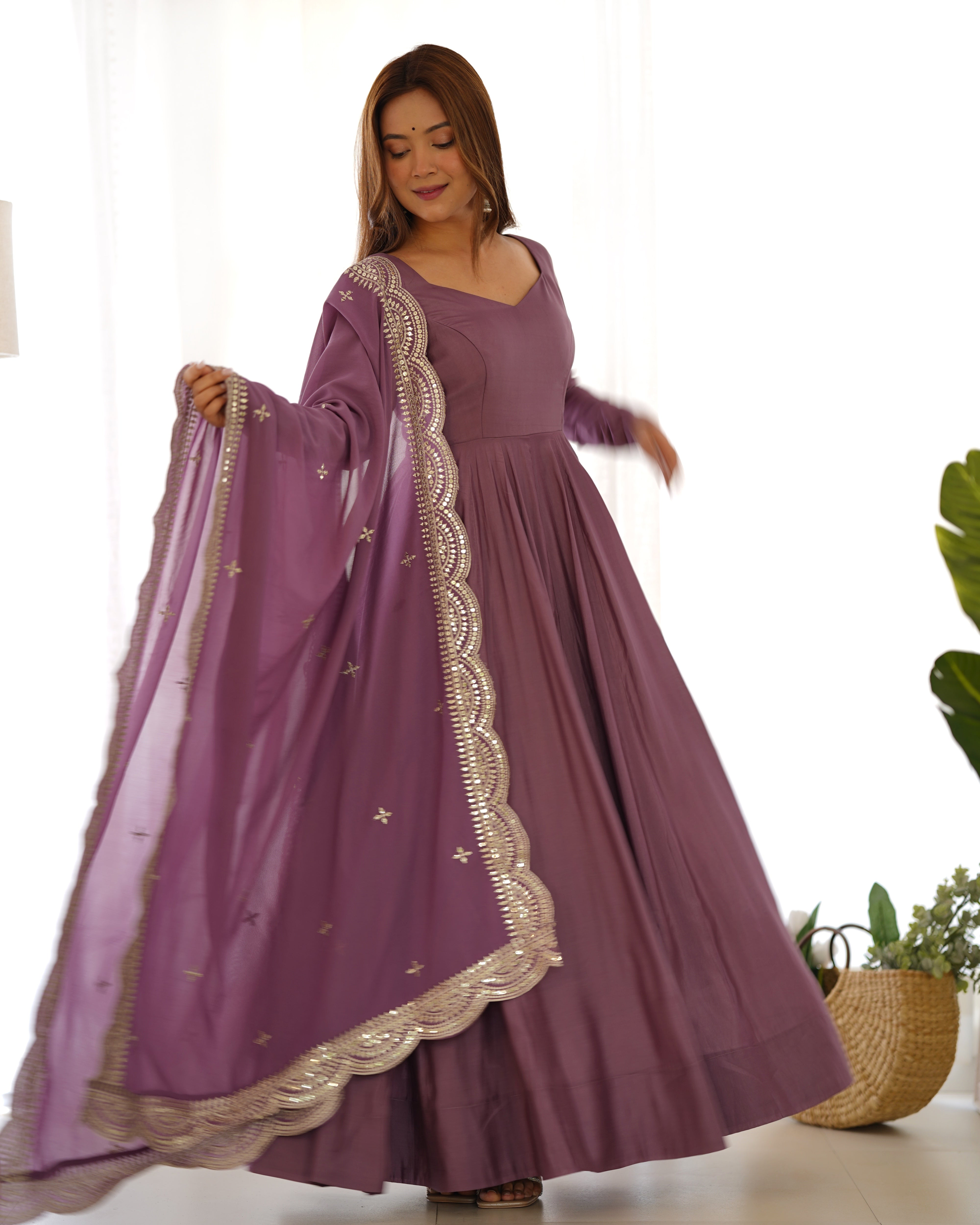 Mauve Roman Silk Chanderi Anarkali with Dupatta & Stitched Pants