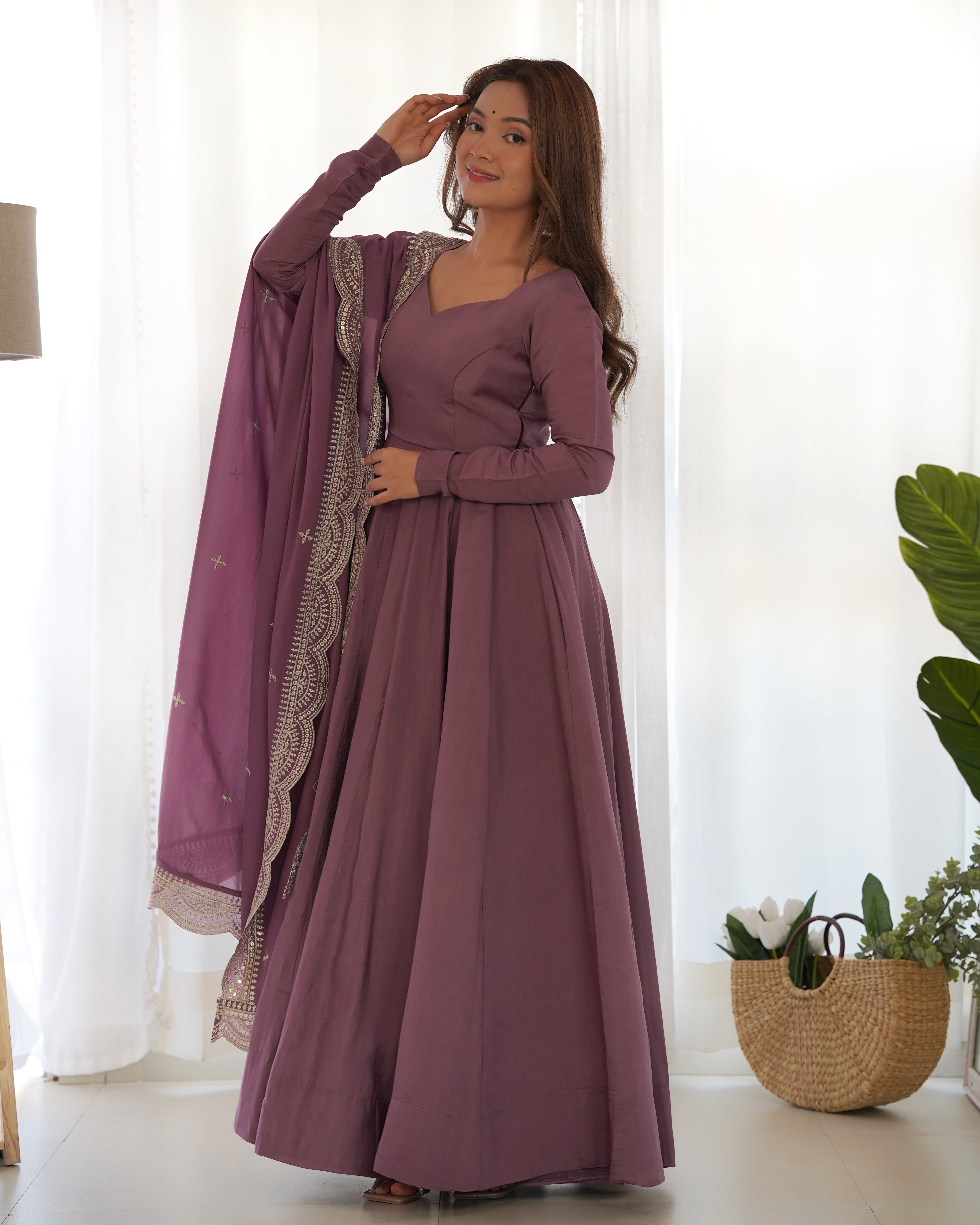 Mauve Roman Silk Chanderi Anarkali with Dupatta & Stitched Pants