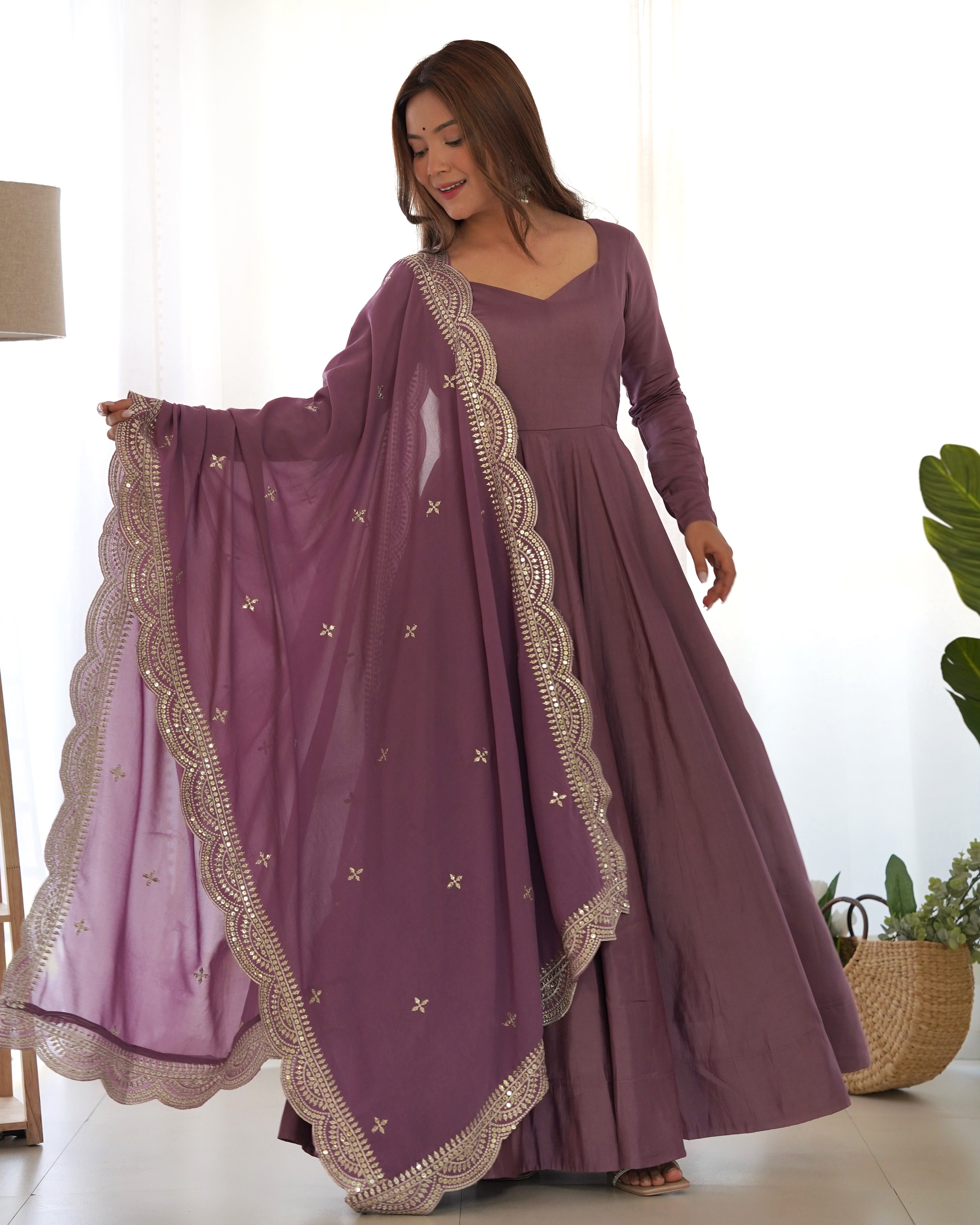 Mauve Roman Silk Chanderi Anarkali with Dupatta & Stitched Pants