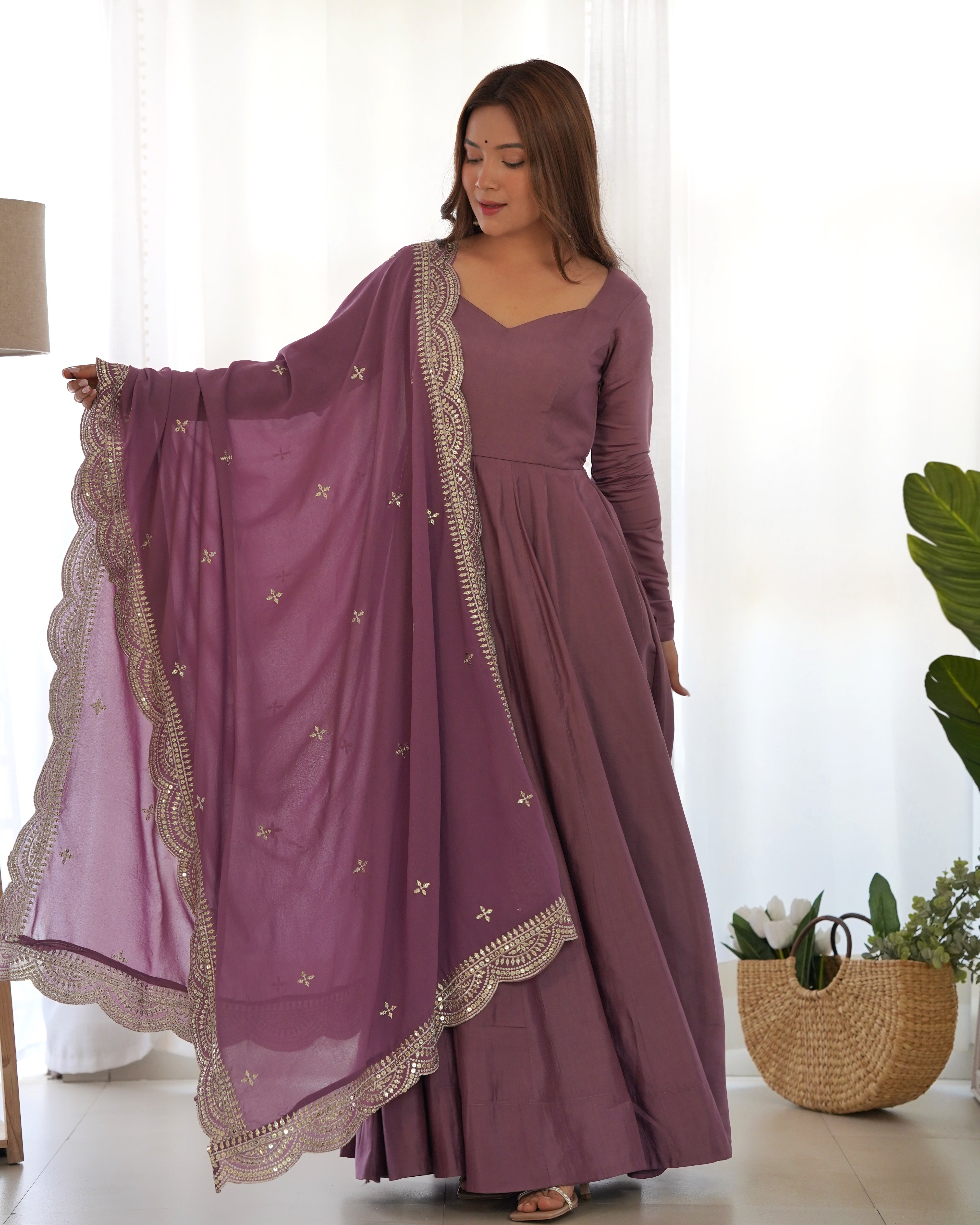 Mauve Roman Silk Chanderi Anarkali with Dupatta & Stitched Pants