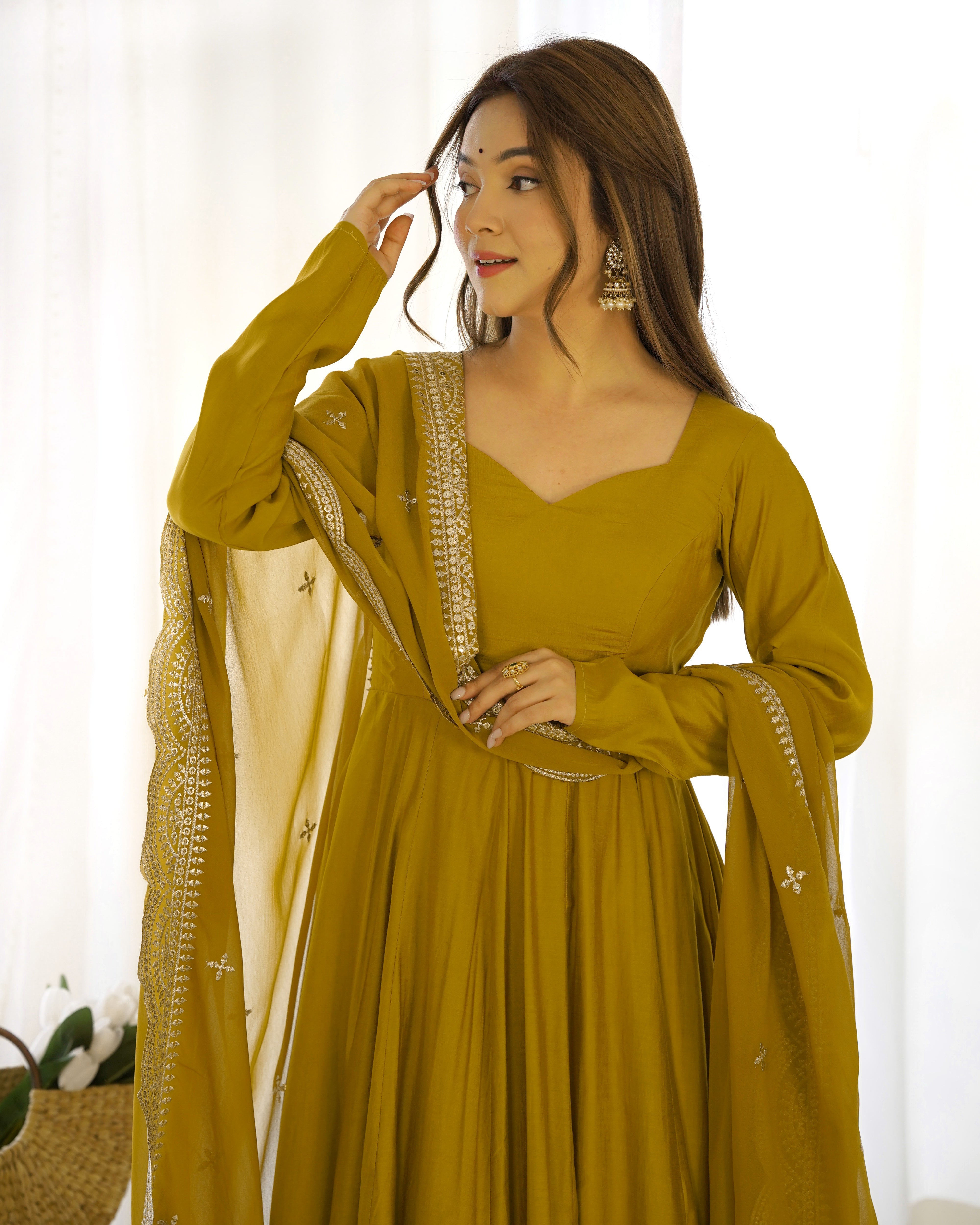 Musted Roman Silk Chanderi Anarkali with Dupatta & Stitched Pants