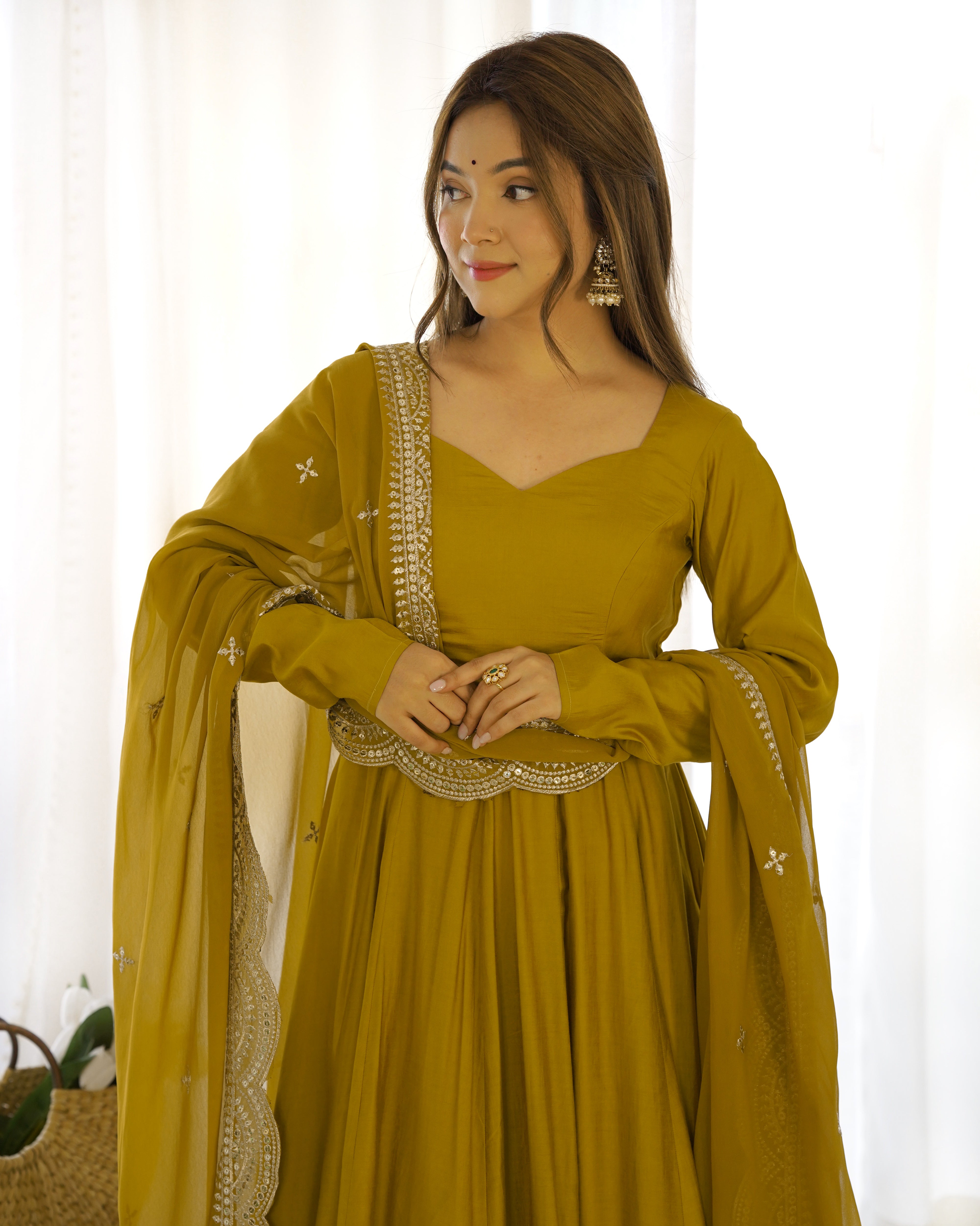 Musted Roman Silk Chanderi Anarkali with Dupatta & Stitched Pants
