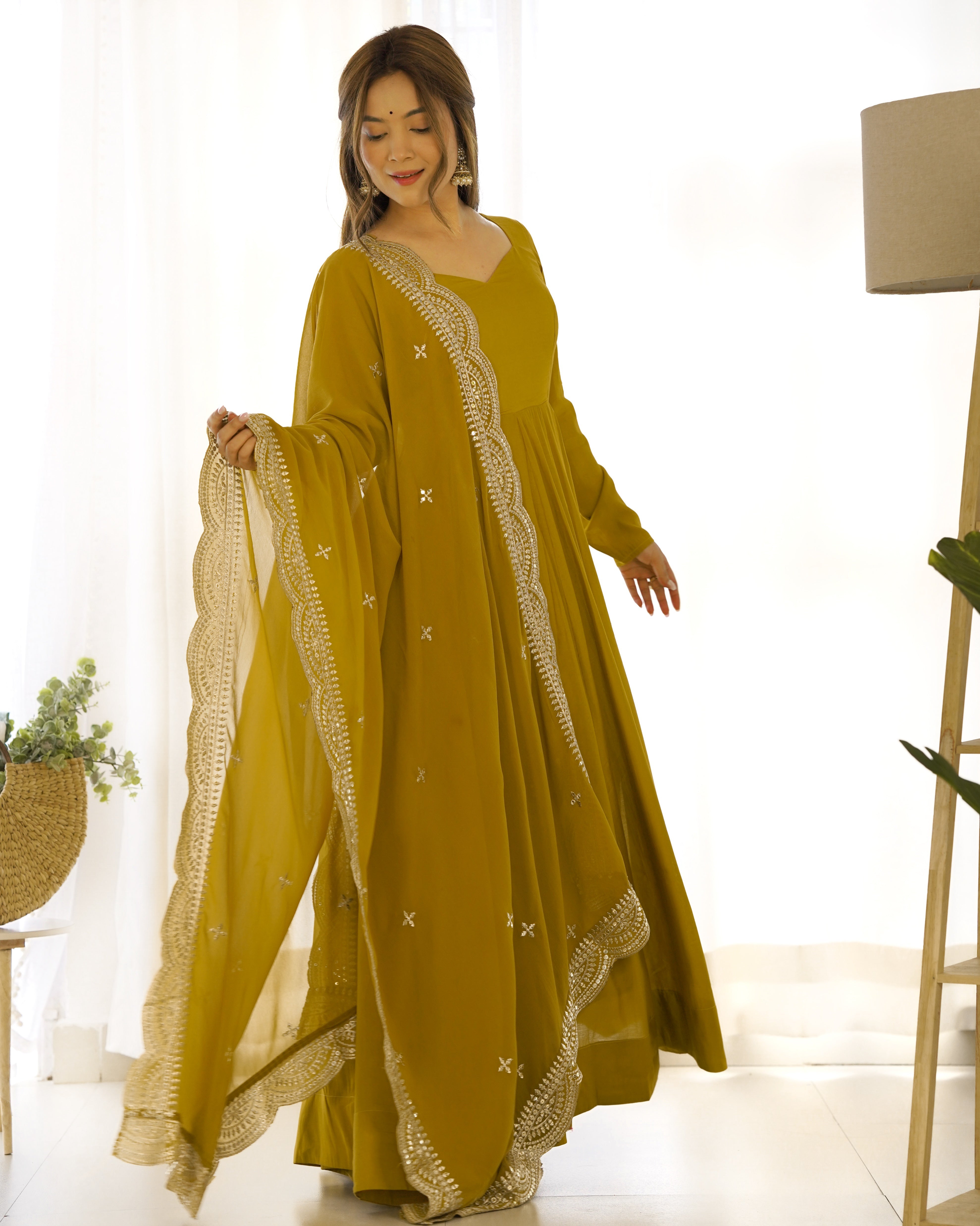 Musted Roman Silk Chanderi Anarkali with Dupatta & Stitched Pants