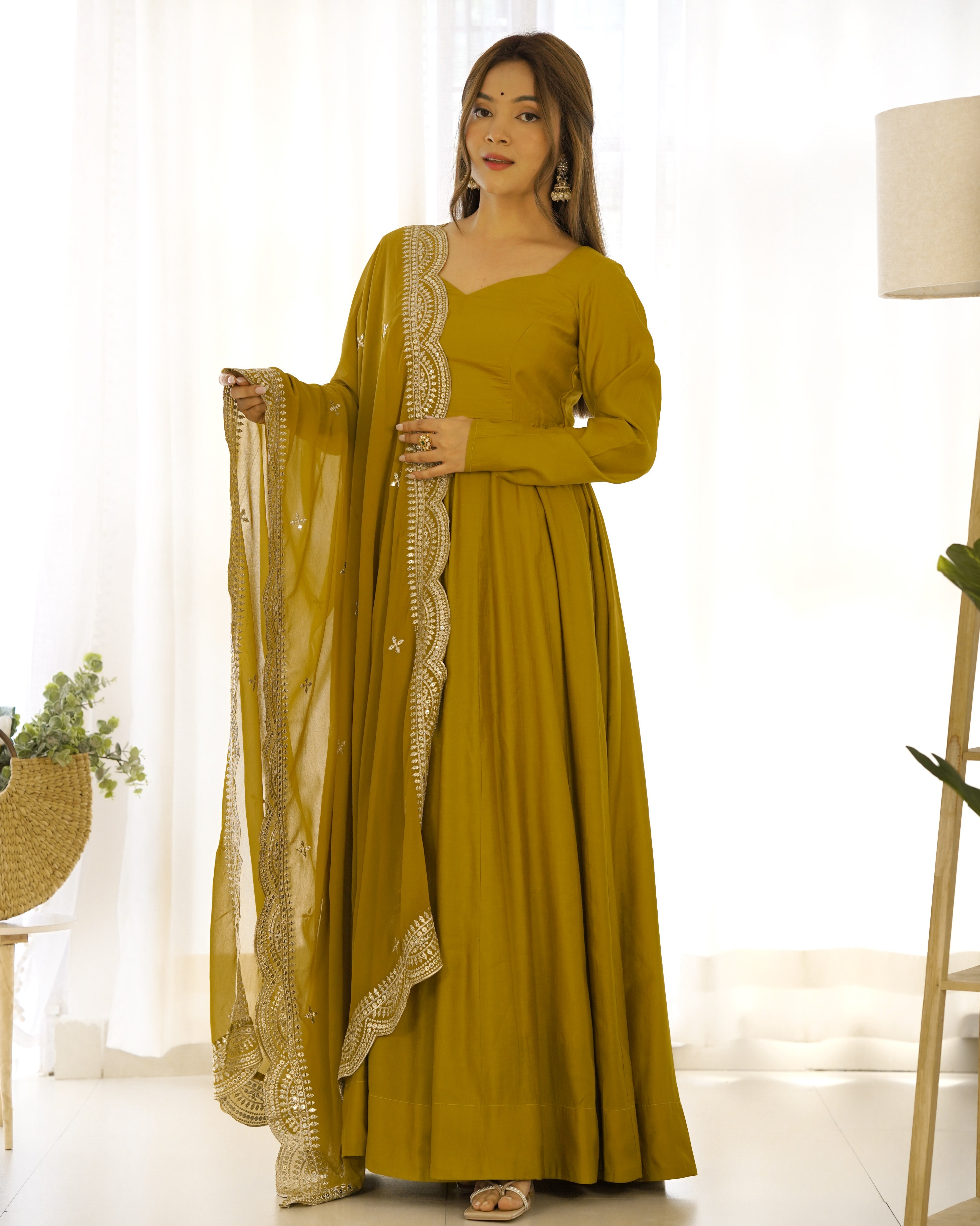 Musted Roman Silk Chanderi Anarkali with Dupatta & Stitched Pants