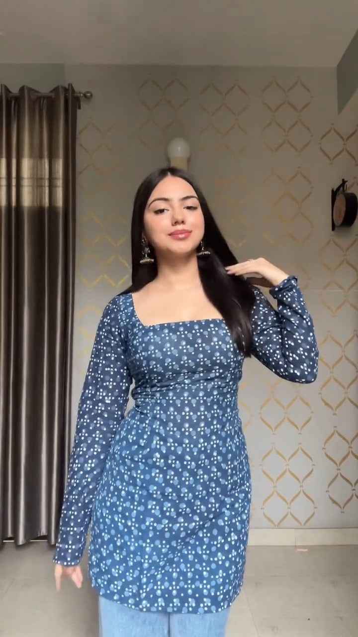 Floral Navy Blue Long Sleeve Kurti with Square Neck