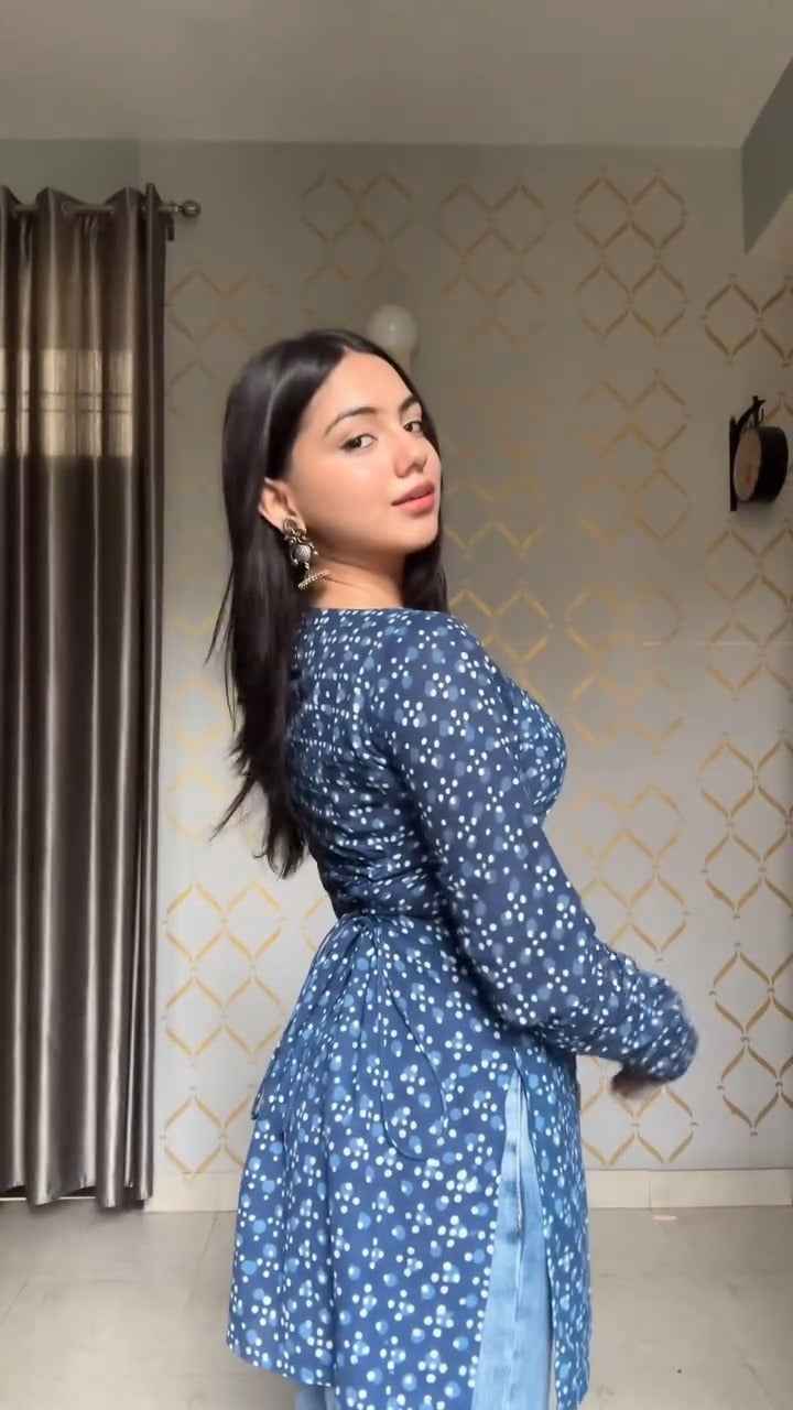 Floral Navy Blue Long Sleeve Kurti with Square Neck