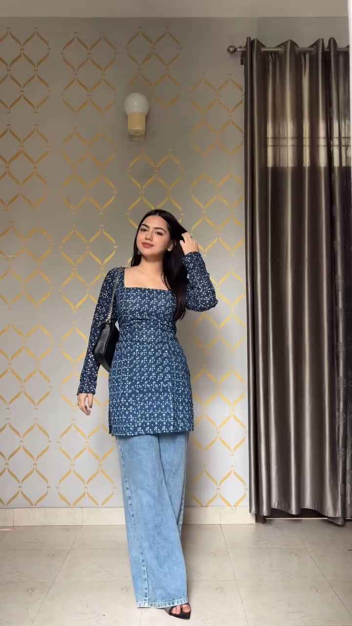 Floral Navy Blue Long Sleeve Kurti with Square Neck