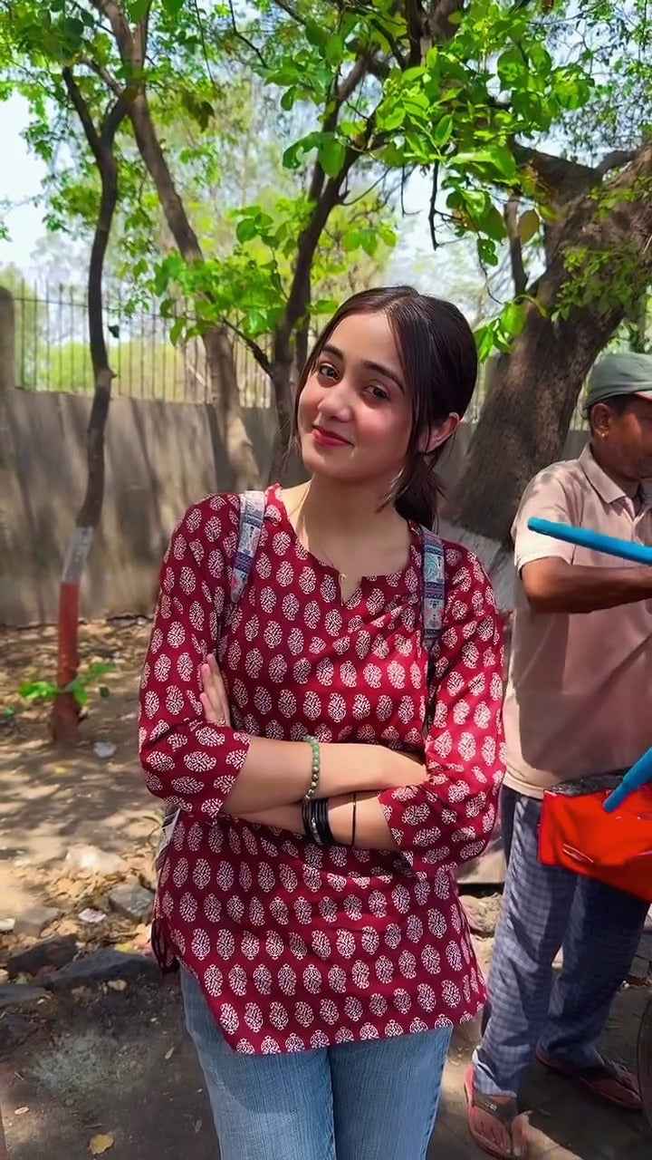 maroon cotton kurti with a white block print pattern