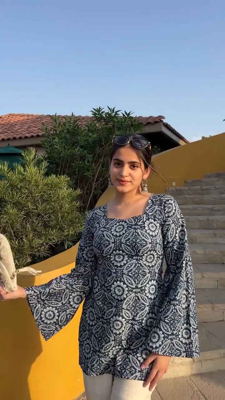 printed kurta with bell sleeves.