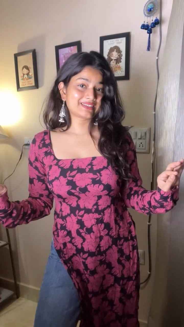 Long-sleeved, flared kurti( fabric is likely breathable, Poly rayon)