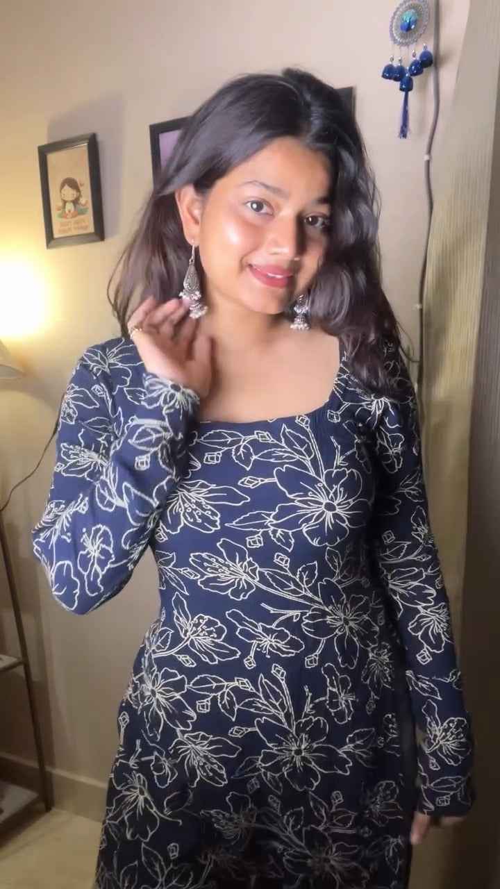 Long-sleeved, flared kurti( fabric is likely breathable, Poly rayon)