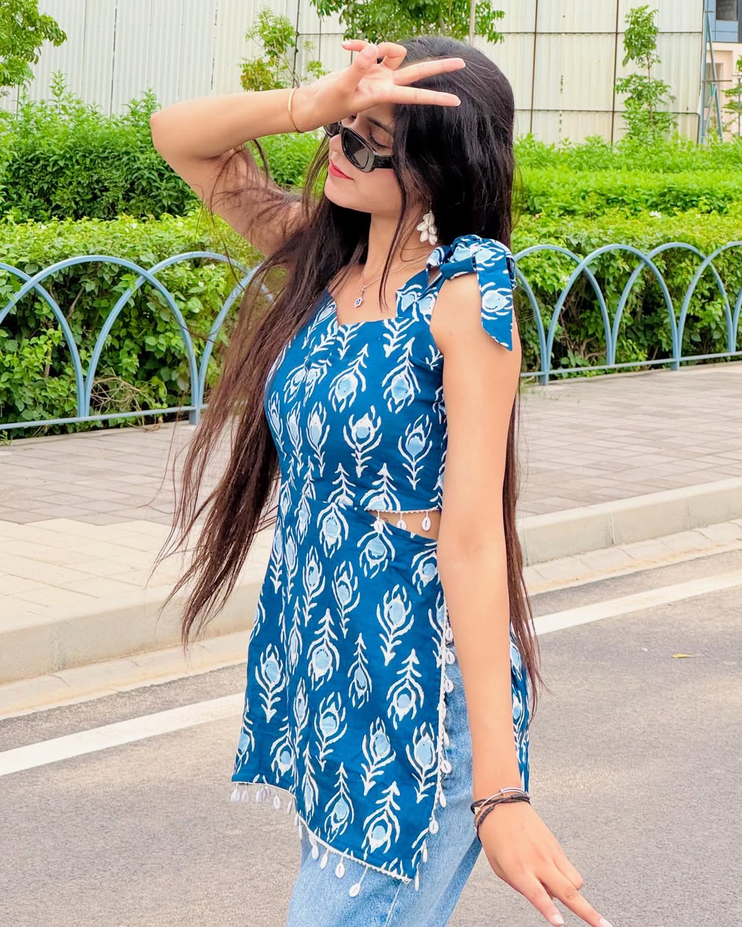 Chic Blue Printed Sleeveless Dress with Shoulder Tie(POLY REYON)