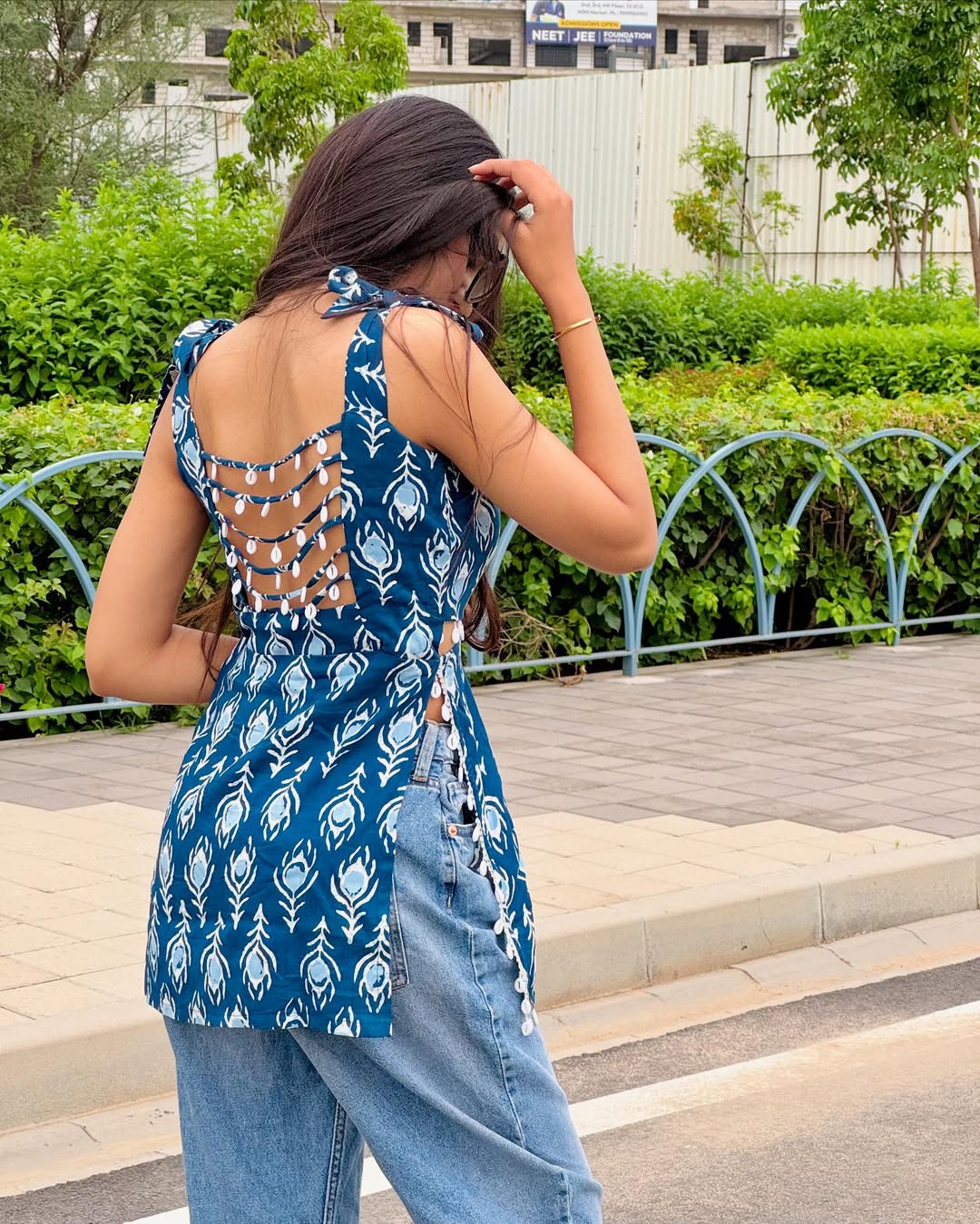Chic Blue Printed Sleeveless Dress with Shoulder Tie(POLY REYON)